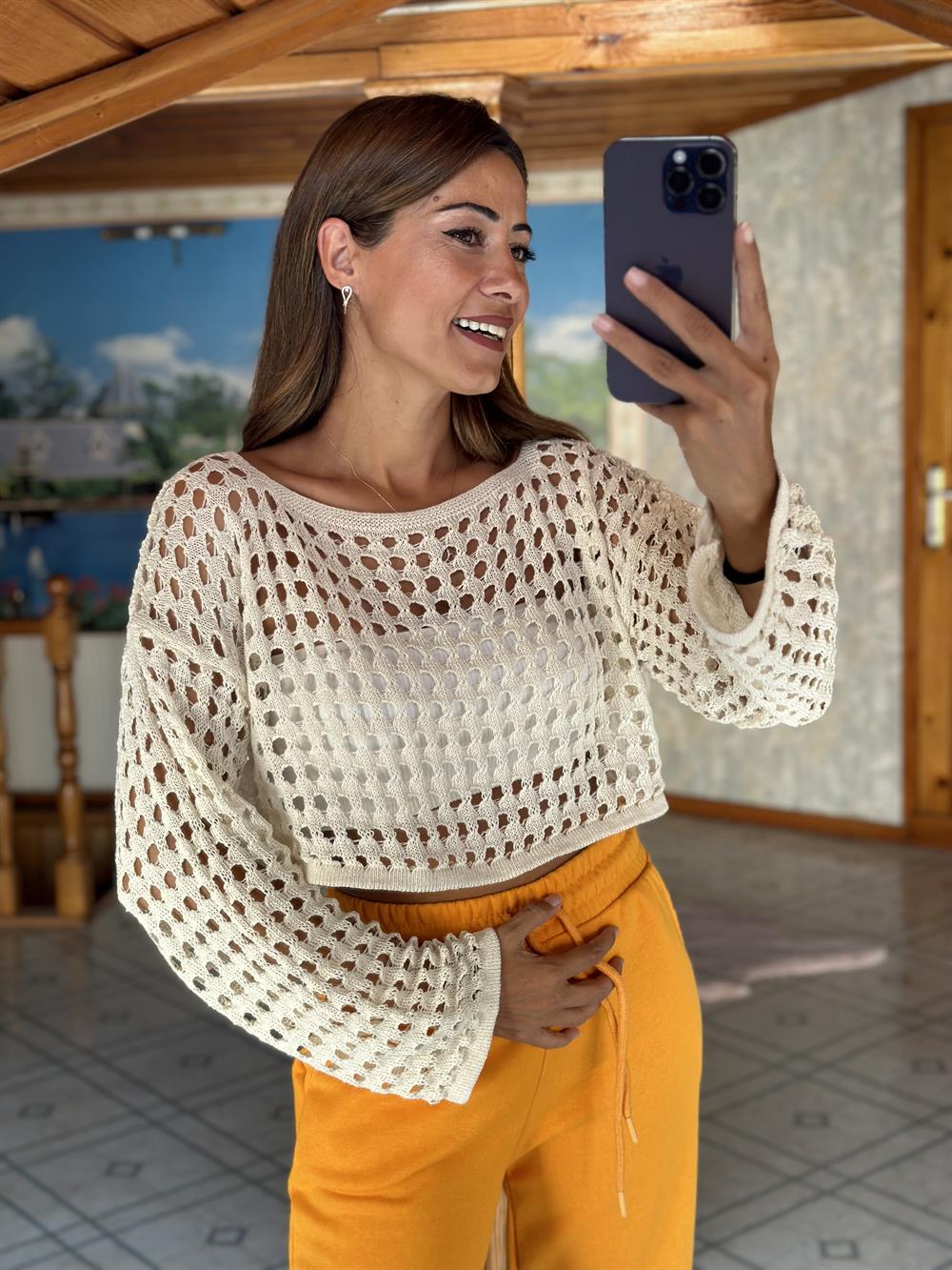 Ekru Turuncu Çizgili Geniş Kol Triko Kadın Crop Bluz