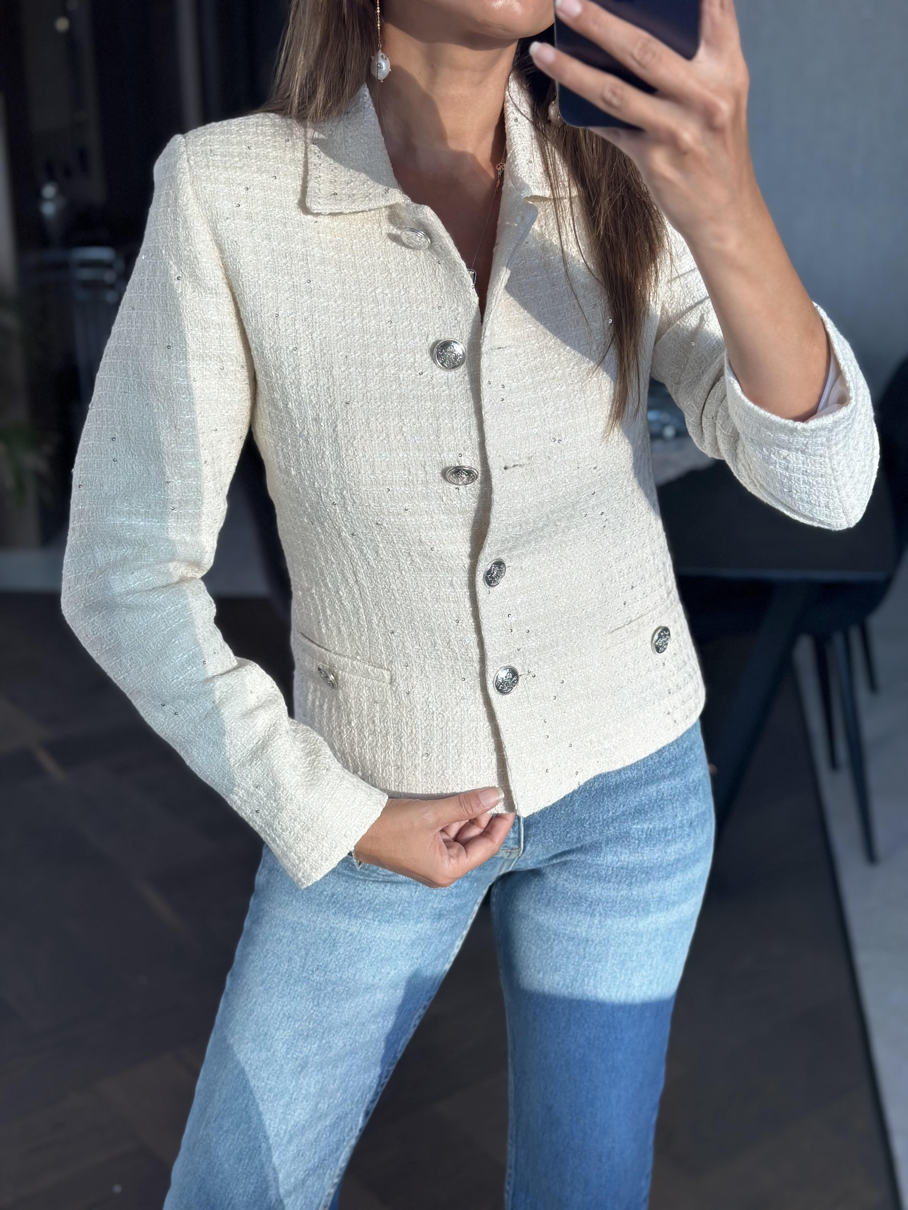 Ekru Tüvit Pul Detay Silver Düğmeli Kadın Ceket 