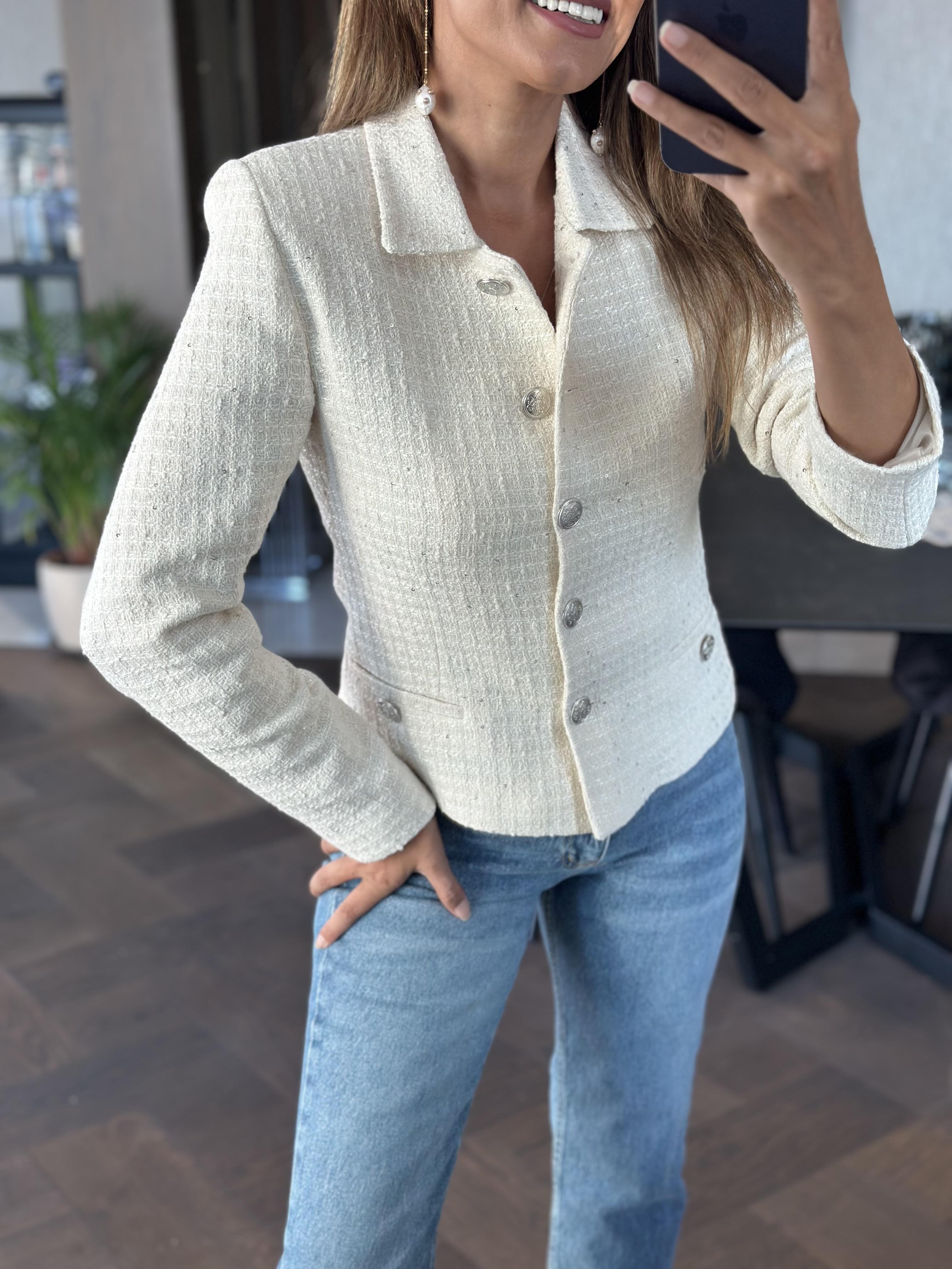 Ekru Tüvit Pul Detay Silver Düğmeli Kadın Ceket 