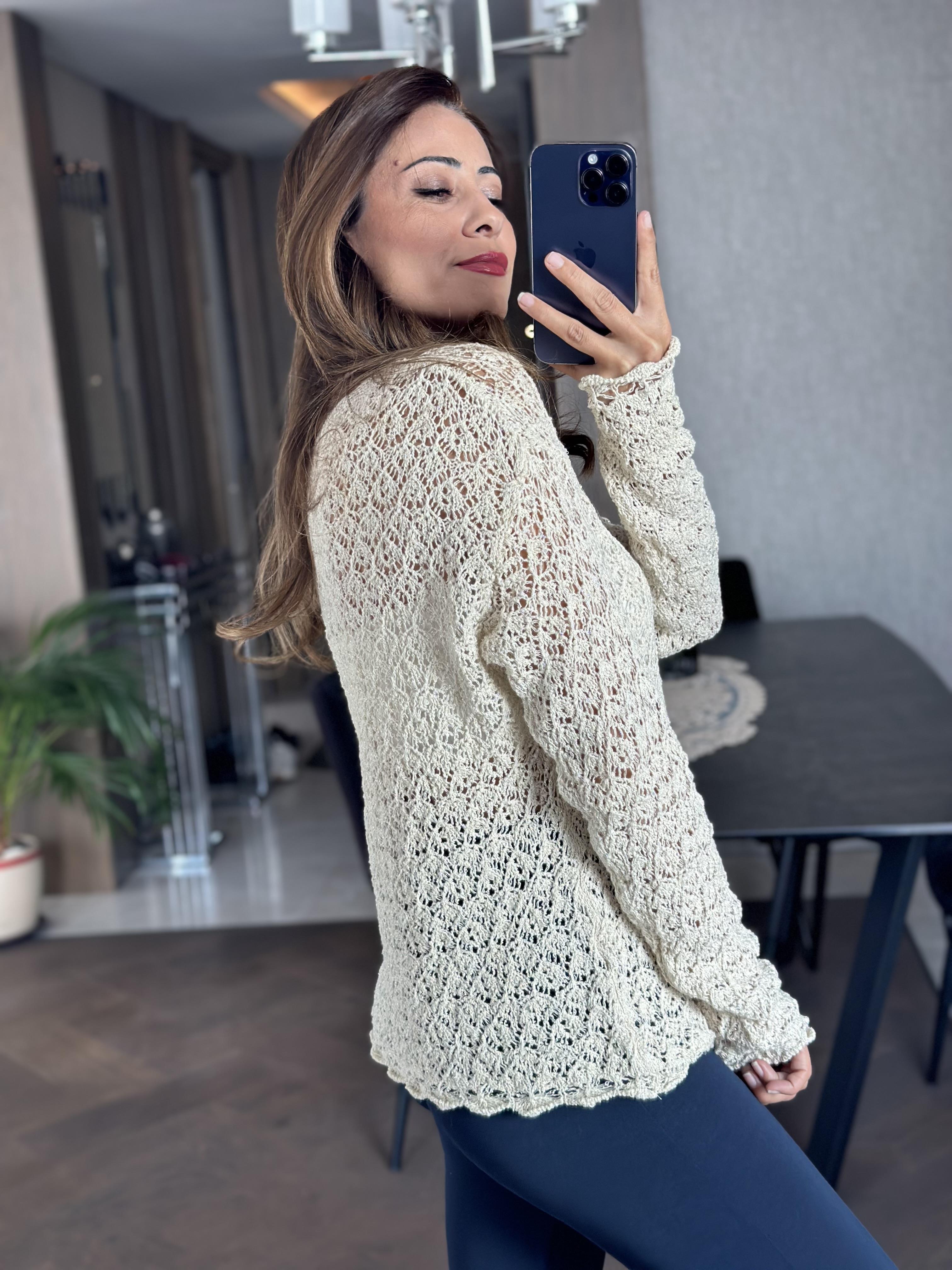 Ekru V Yaka Ajurlu Simli Kadın Triko Kazak