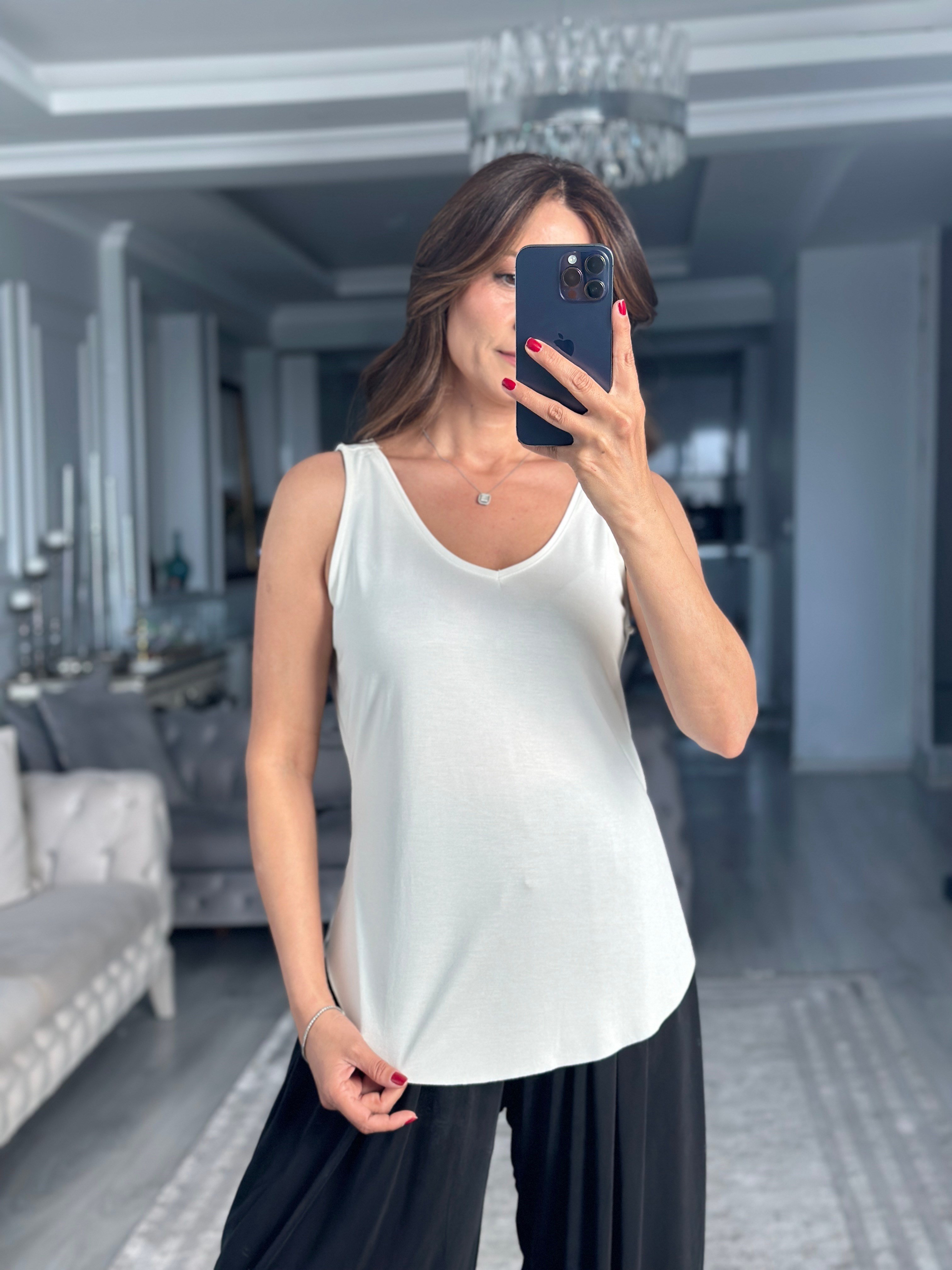 Ekru V Yaka Askılı Modal Kadın Atlet