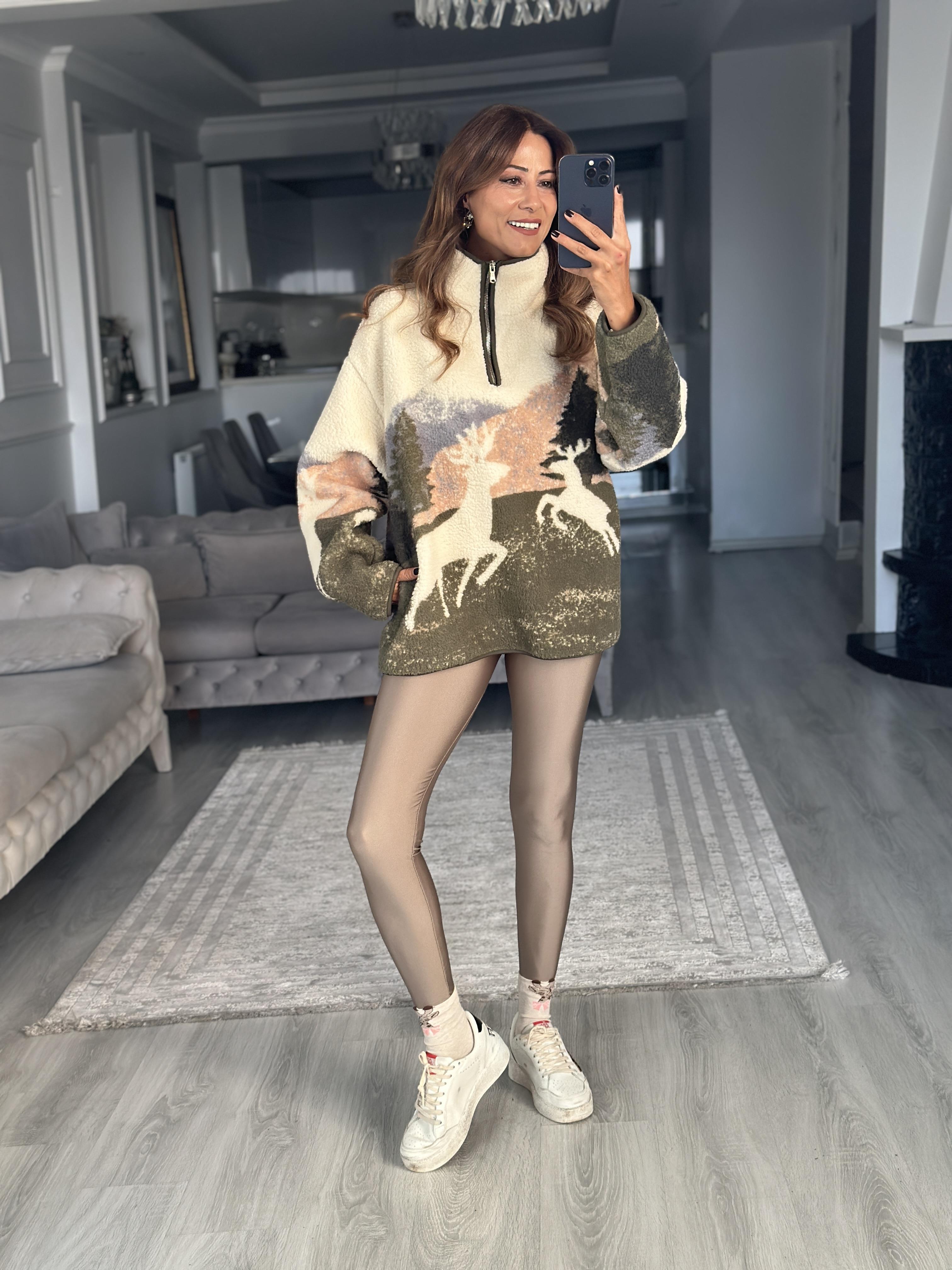 Ekru Yarım Fermuarlı Desenli Kadın Sweatshirt