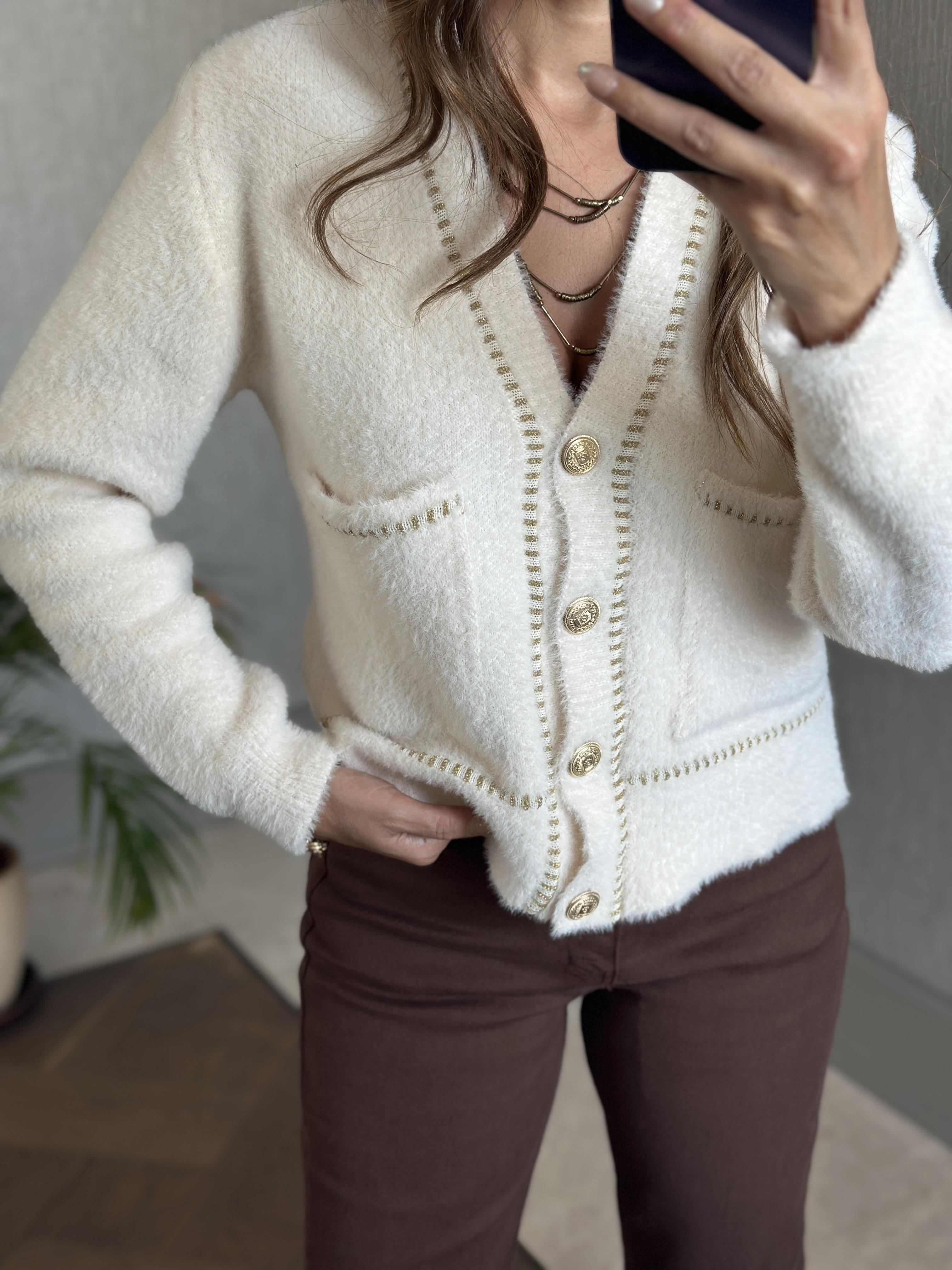 Ekru Yumoş Gold Şerit Detay Cepli Kadın Triko Hırka 