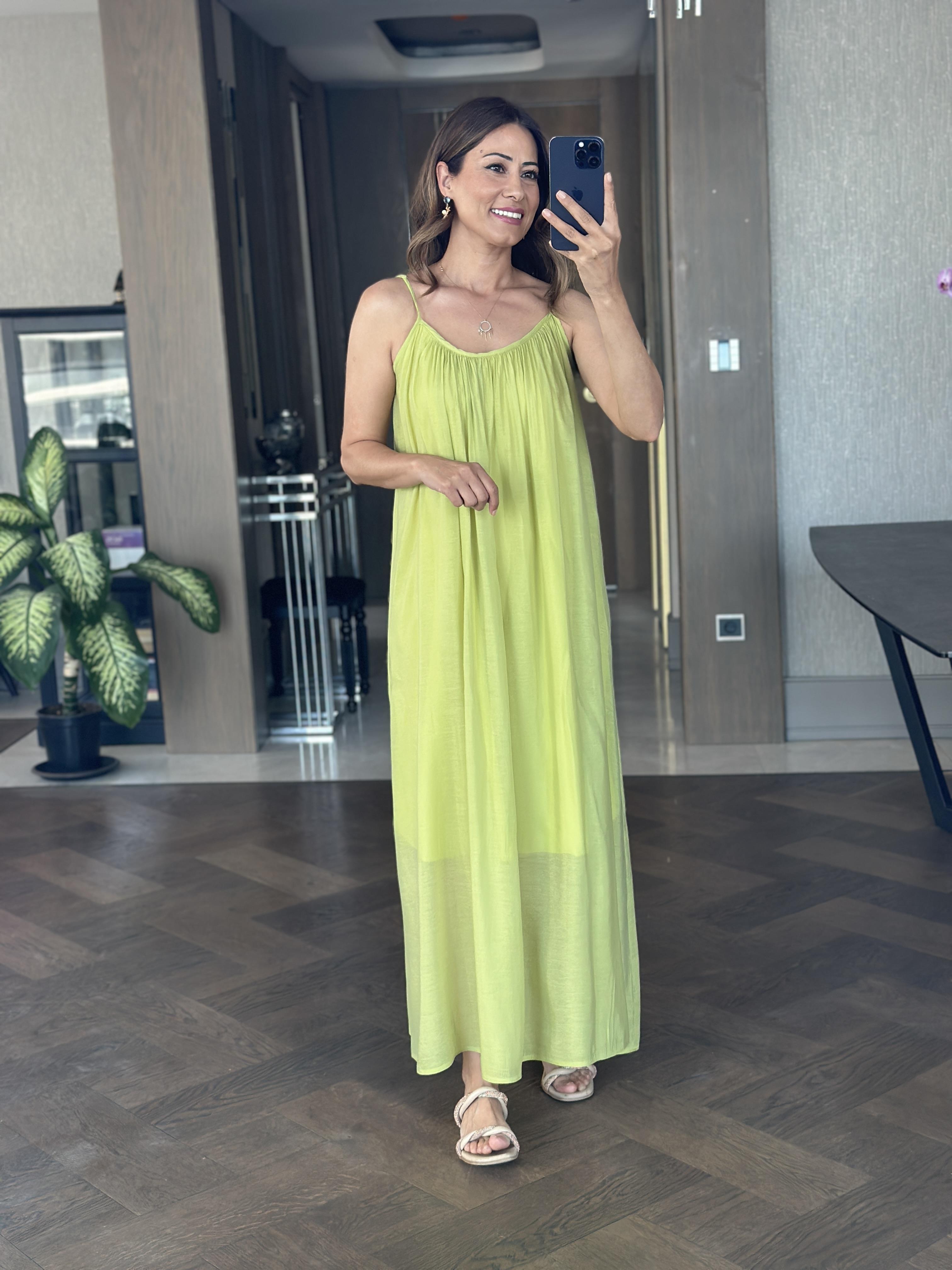 Fıstık Yeşili Ayarlanabilir Askılı Astarlı Salaş Maksi Boy Kadın Elbise