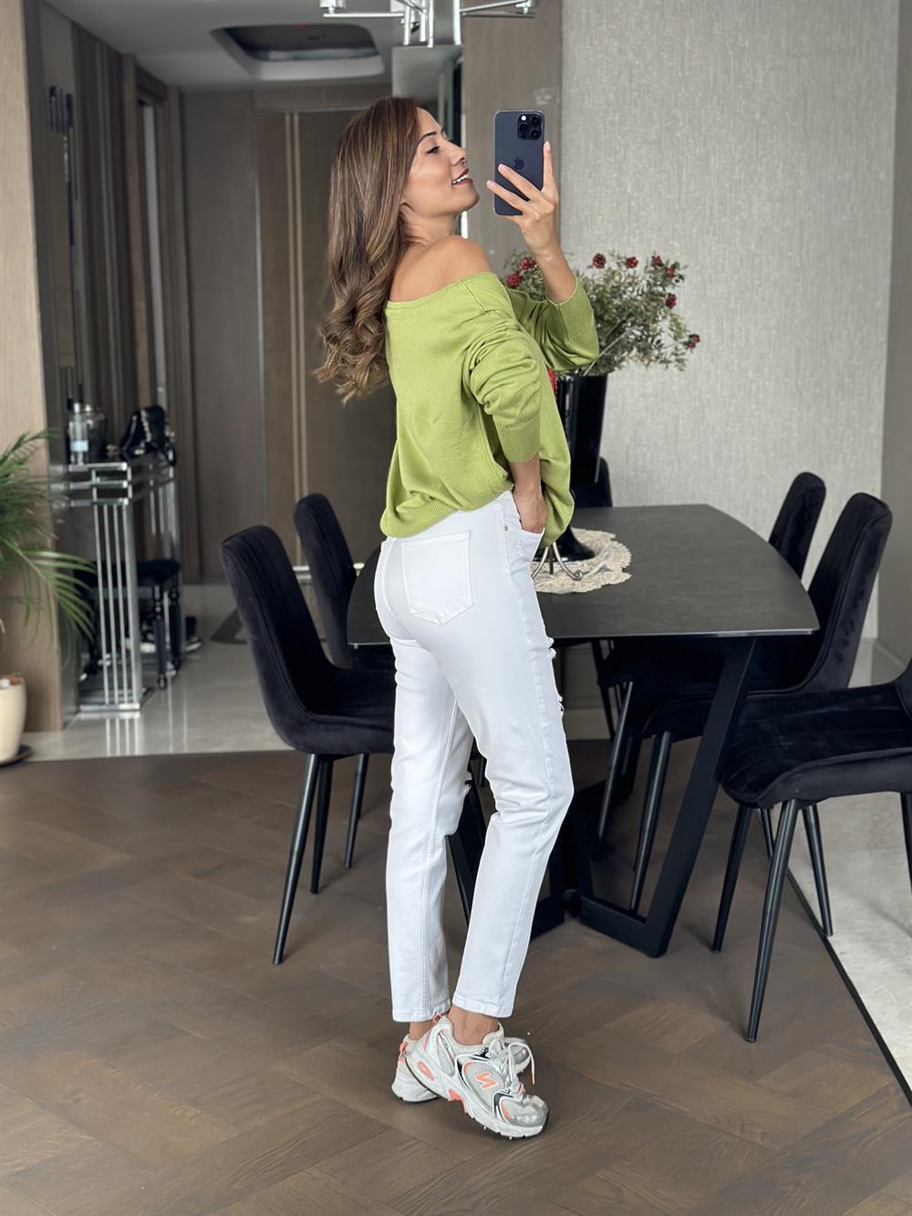 Fıstık Yeşili Kayık Yaka Triko Kadın Kazak