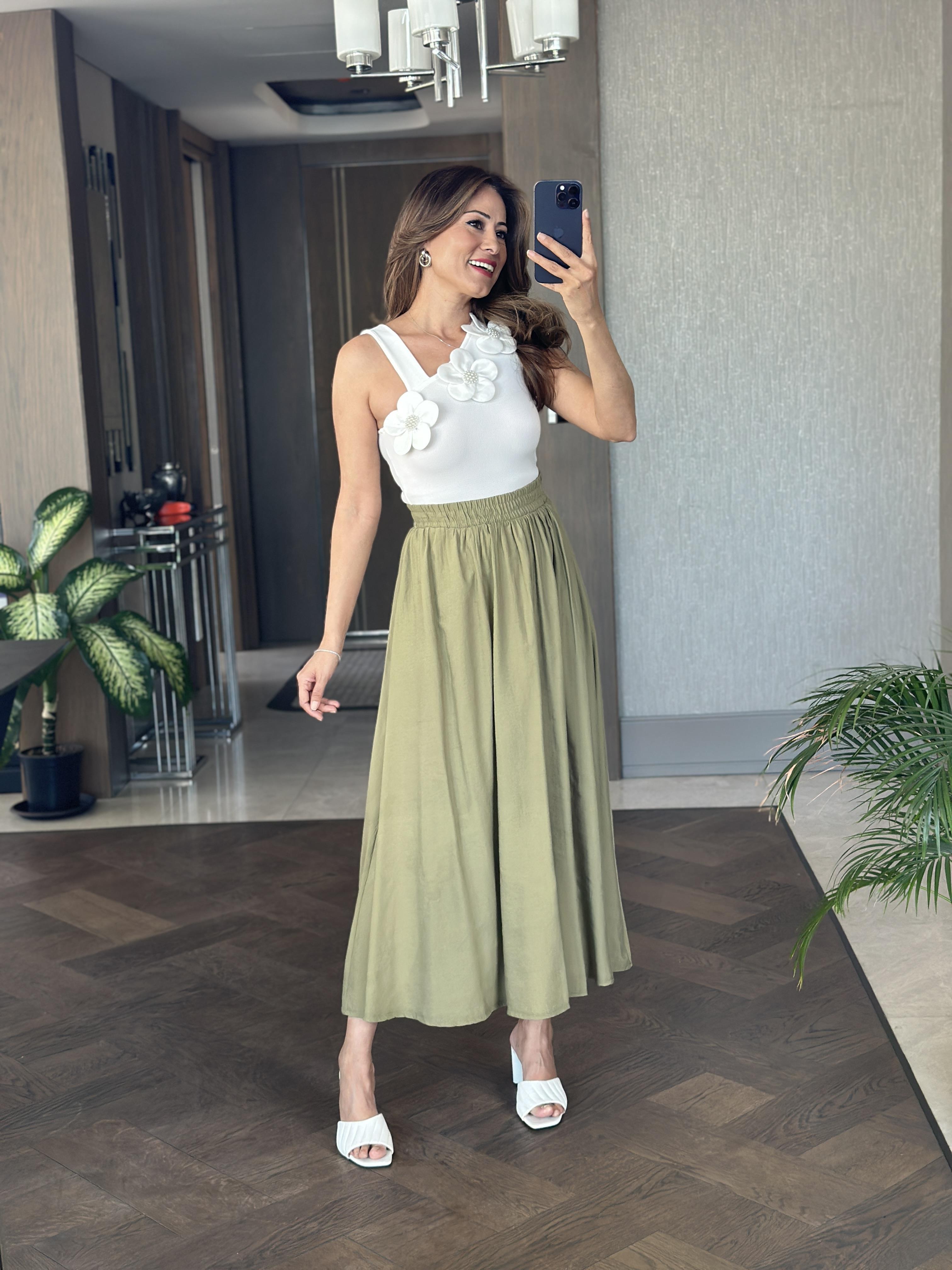 Yağ Yeşili Tnsl Kumaş Beli Lastikli Cepli Kadın Midi Boy Etek