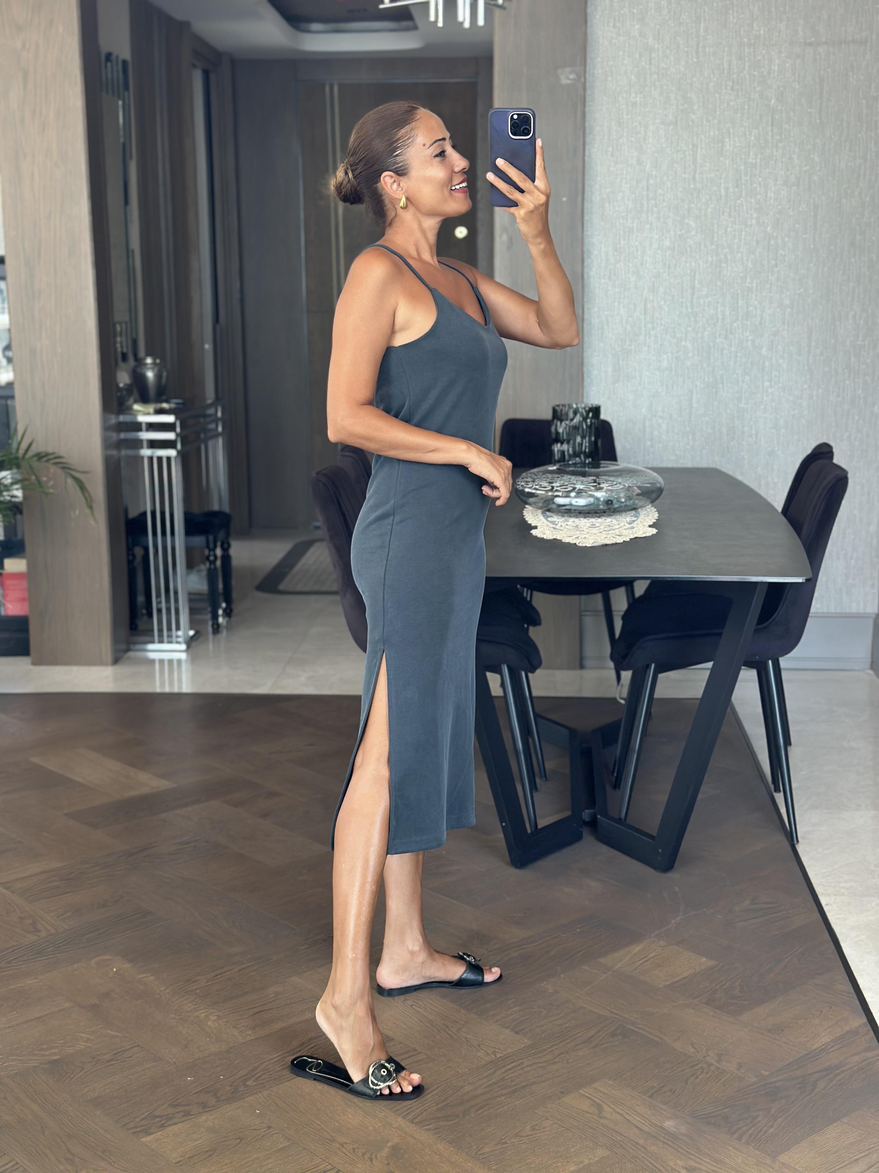 Füme Askılı Çift Yırtmaçlı Modal Midi Boy Kadın Elbise 
