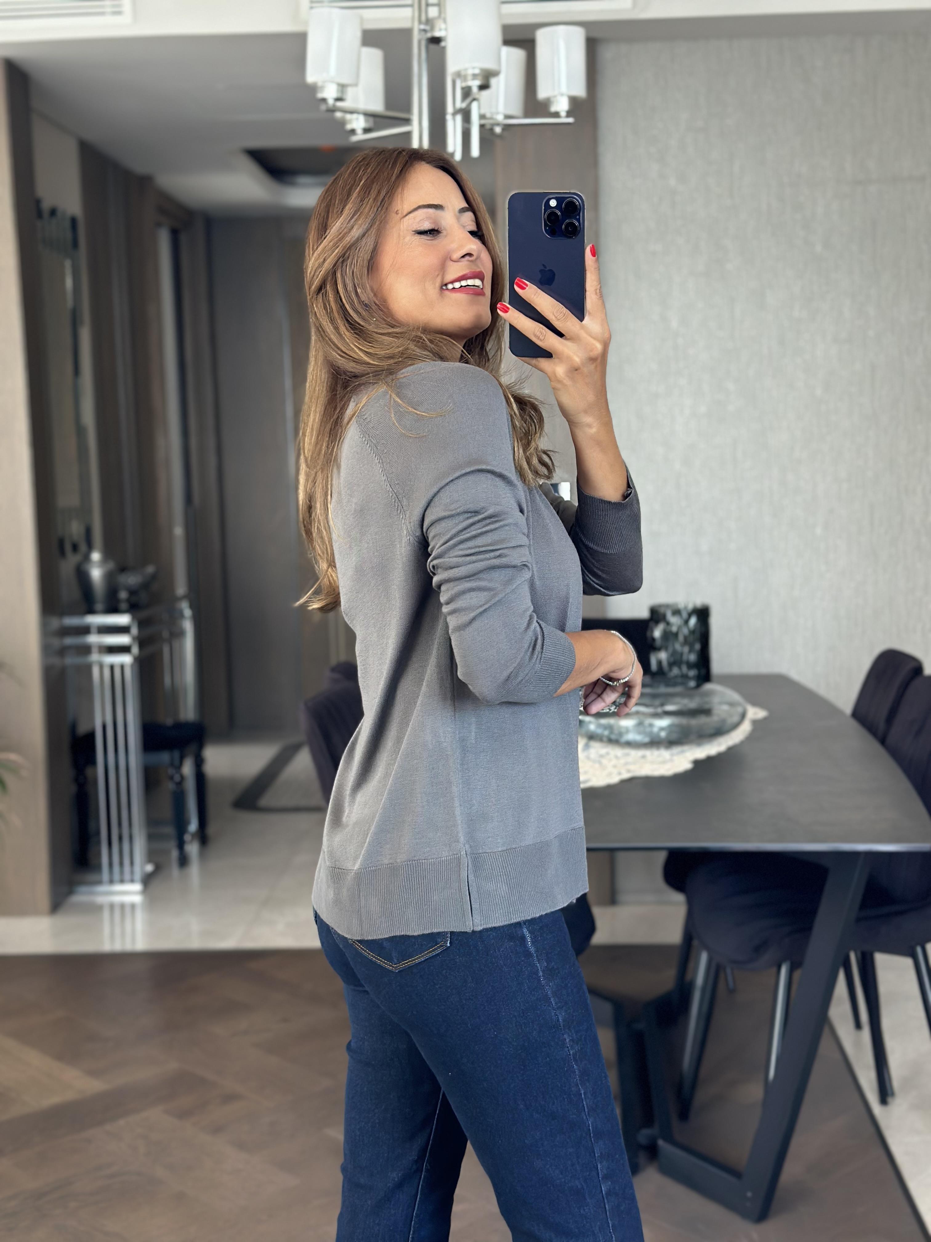 Füme Bisiklet Yaka Uzun Kol Dlvn Düz Merserize Kadın Bluz