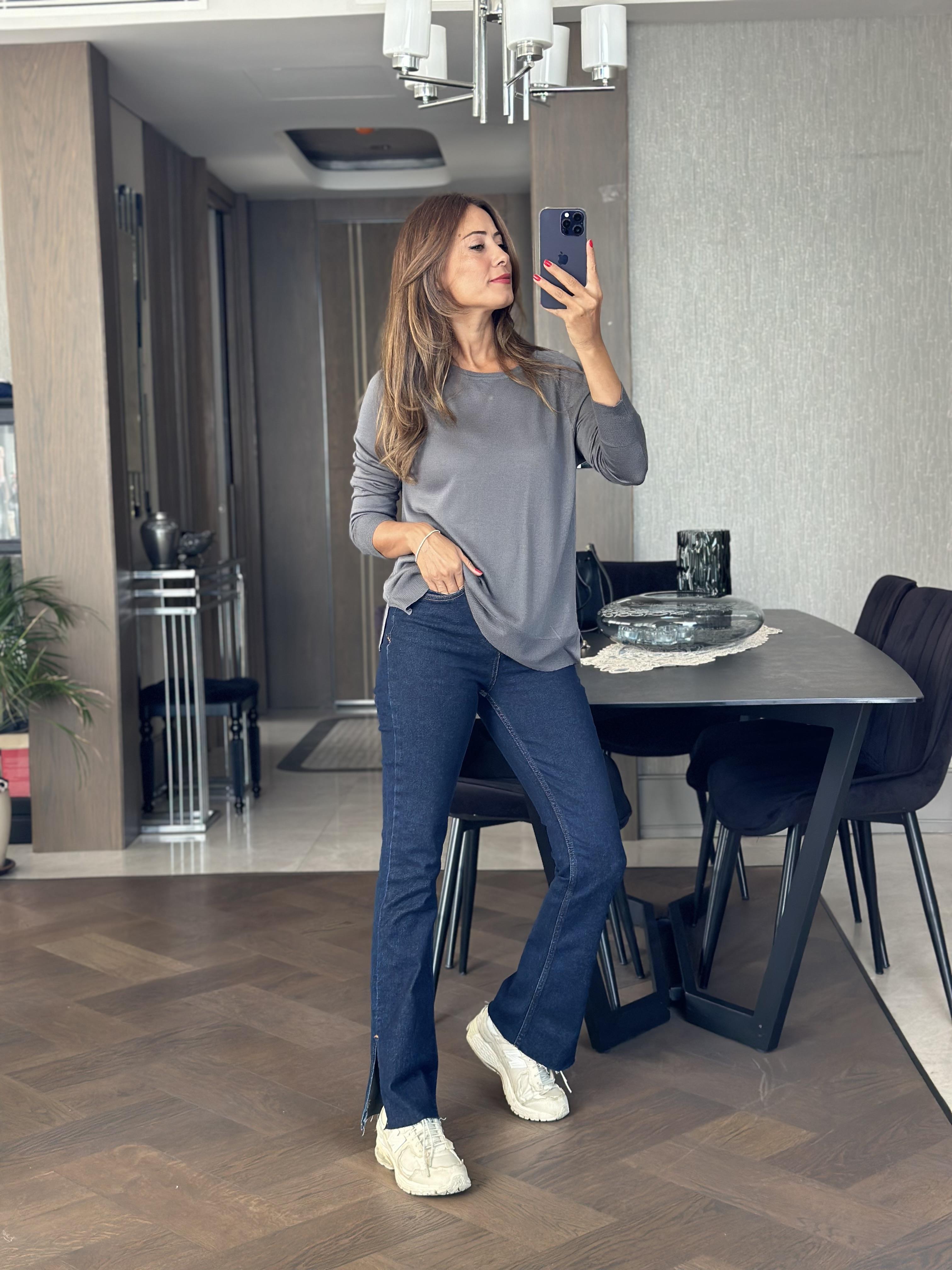 Füme Bisiklet Yaka Uzun Kol Dlvn Düz Merserize Kadın Bluz
