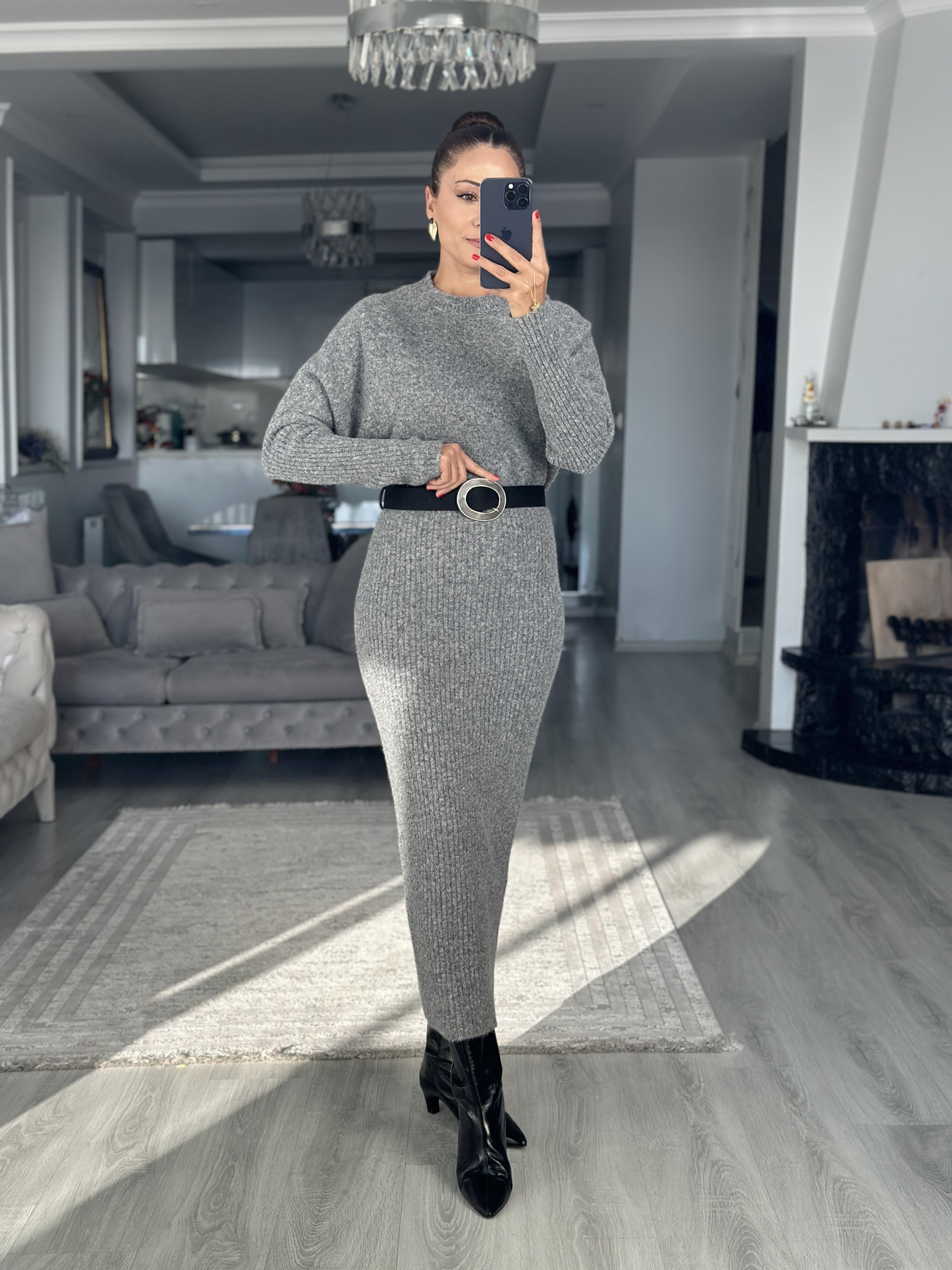 Füme Bisiklet Yaka Uzun Kol Midi Boy Kadın Triko Elbise