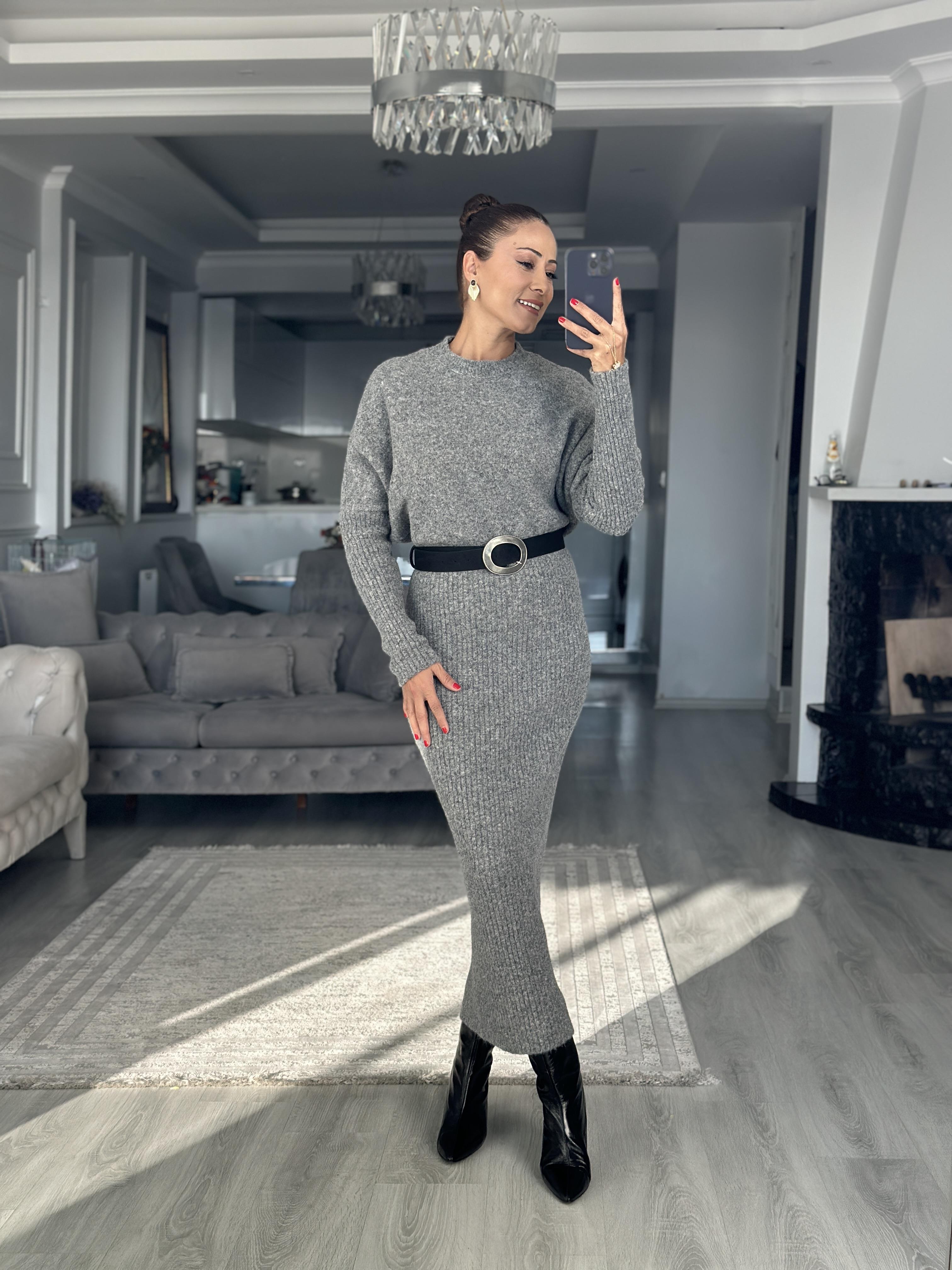 Füme Bisiklet Yaka Uzun Kol Midi Boy Kadın Triko Elbise