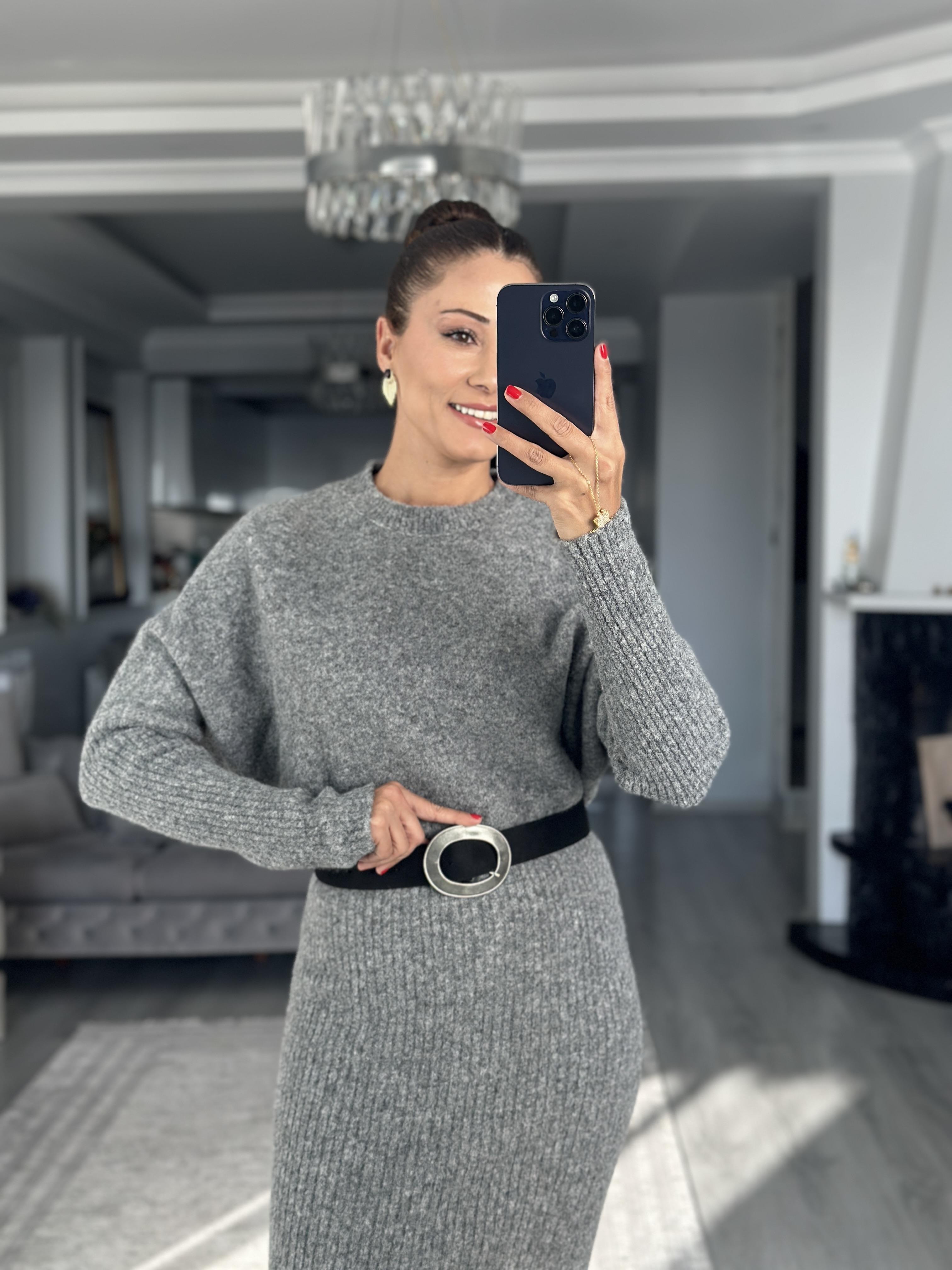 Füme Bisiklet Yaka Uzun Kol Midi Boy Kadın Triko Elbise