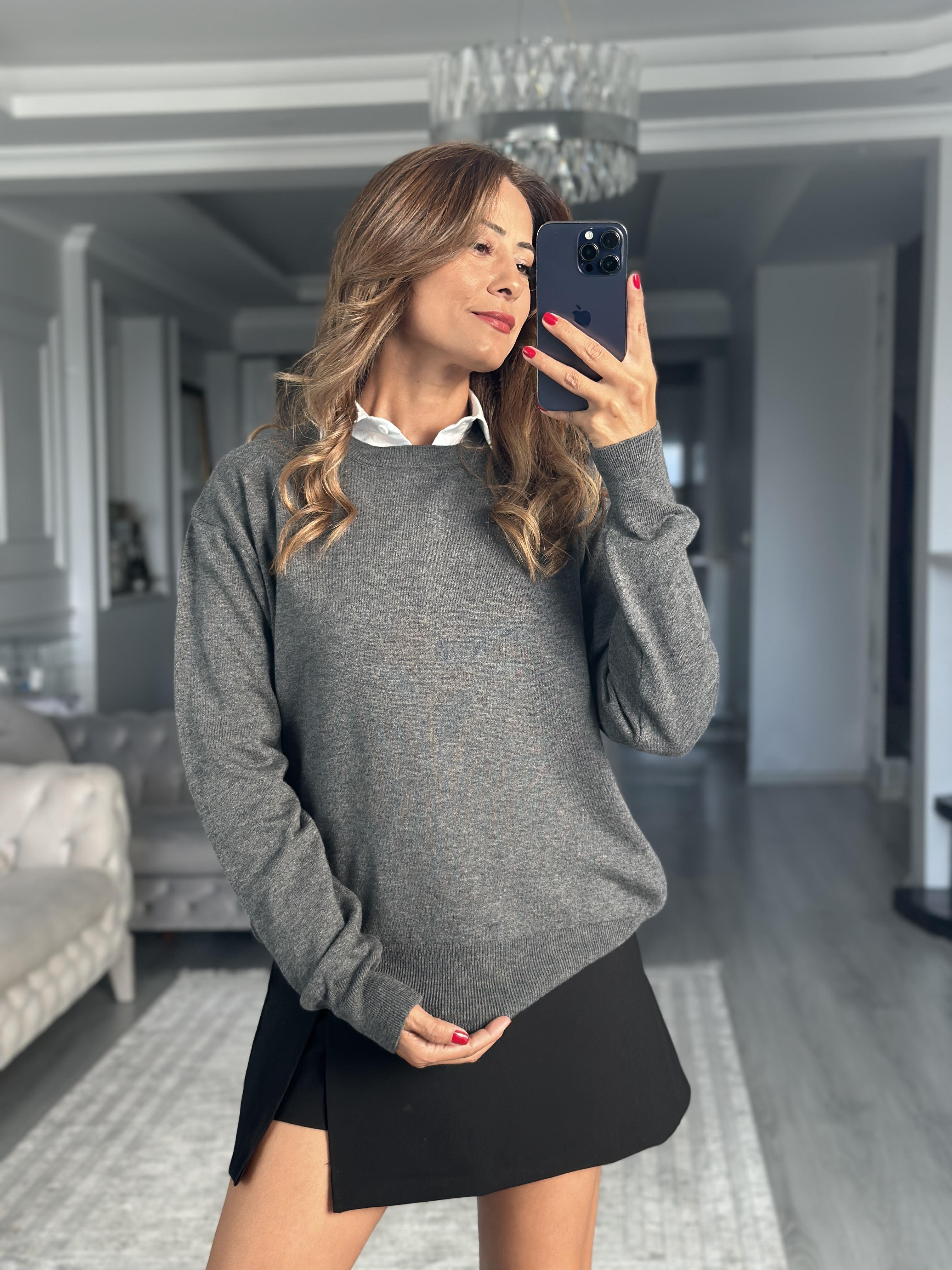 Füme Bisiklet Yaka Yünlü Basic Kadın Triko Kazak