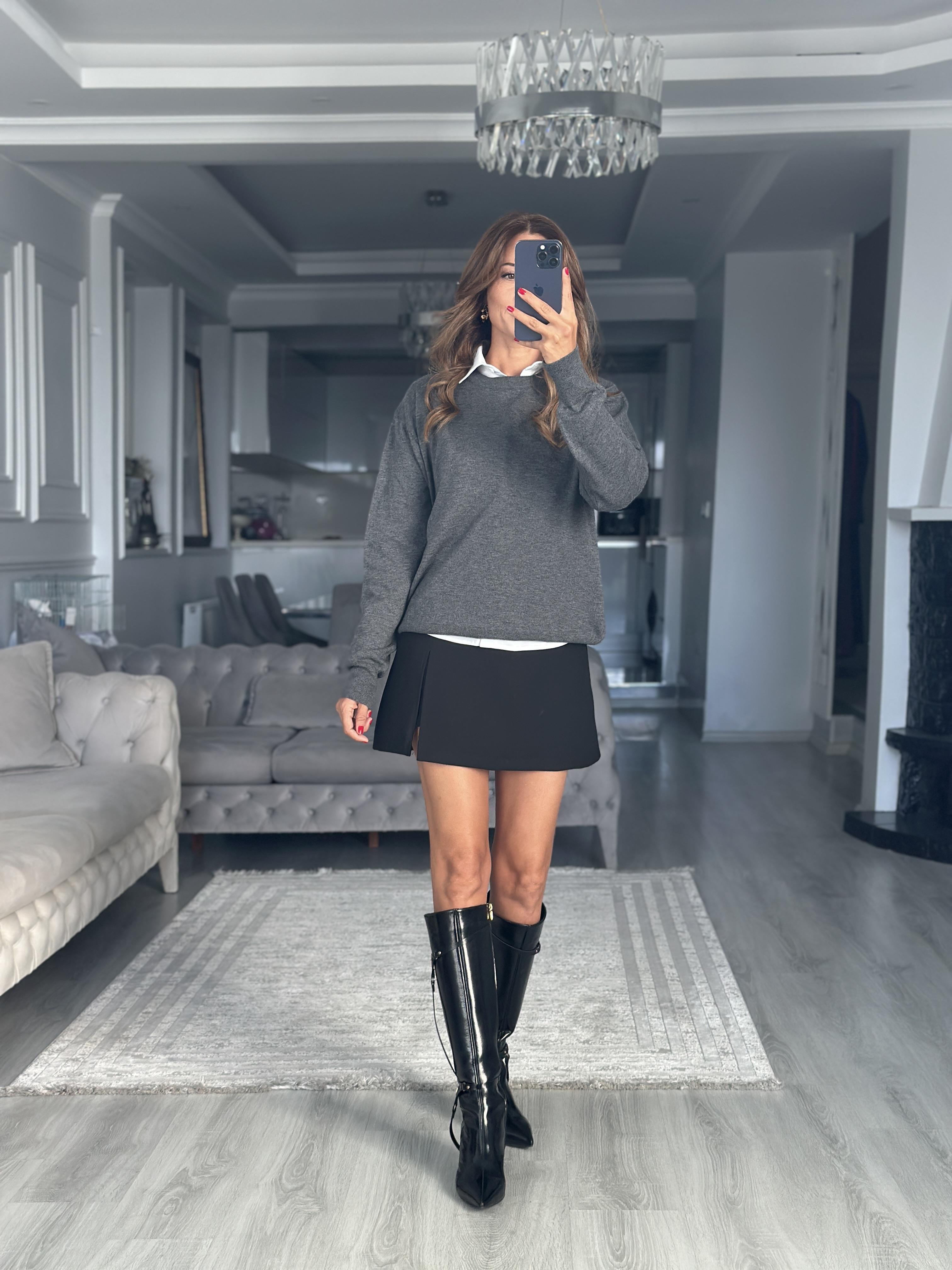 Füme Bisiklet Yaka Yünlü Basic Kadın Triko Kazak