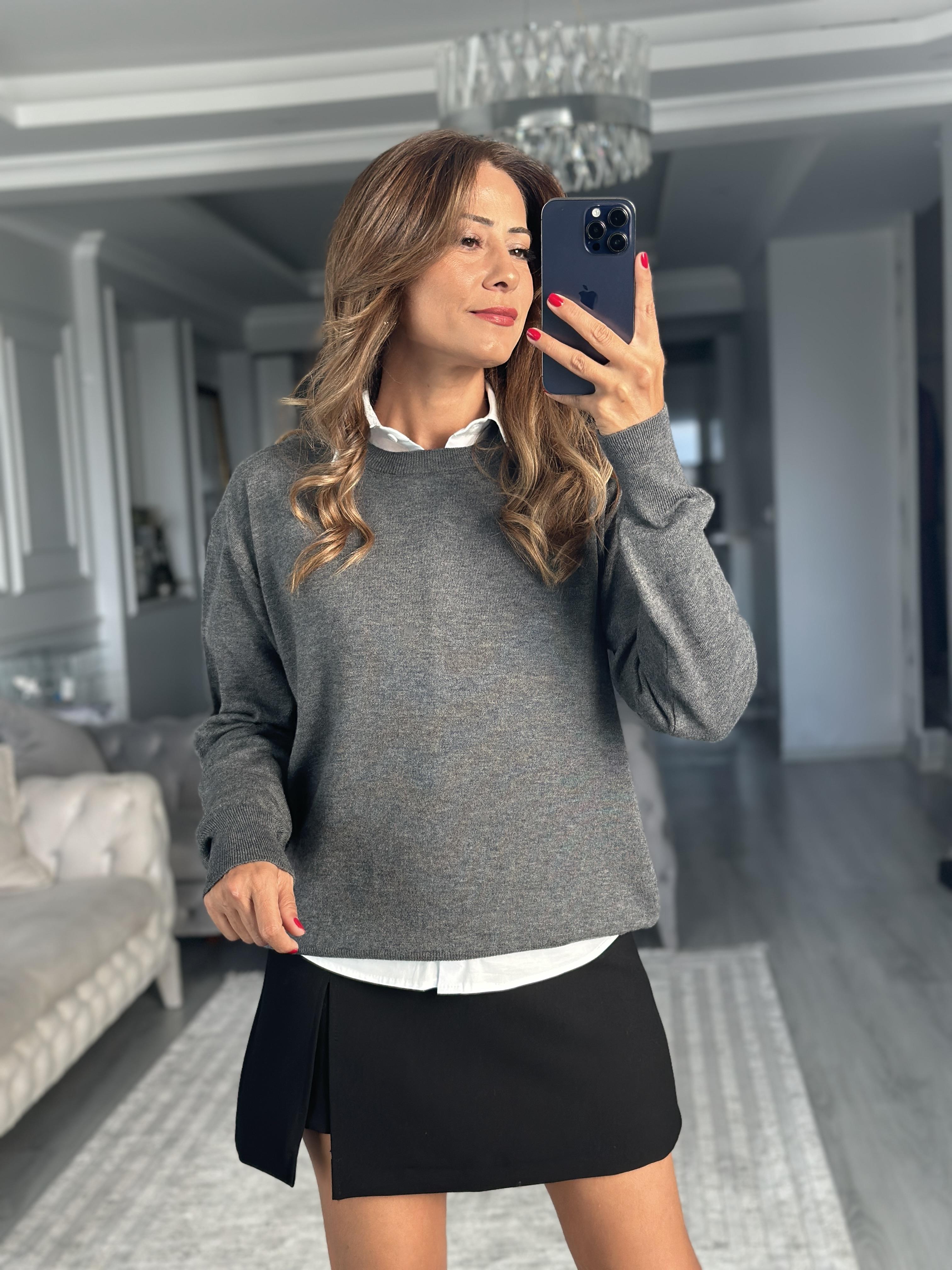 Füme Bisiklet Yaka Yünlü Basic Kadın Triko Kazak