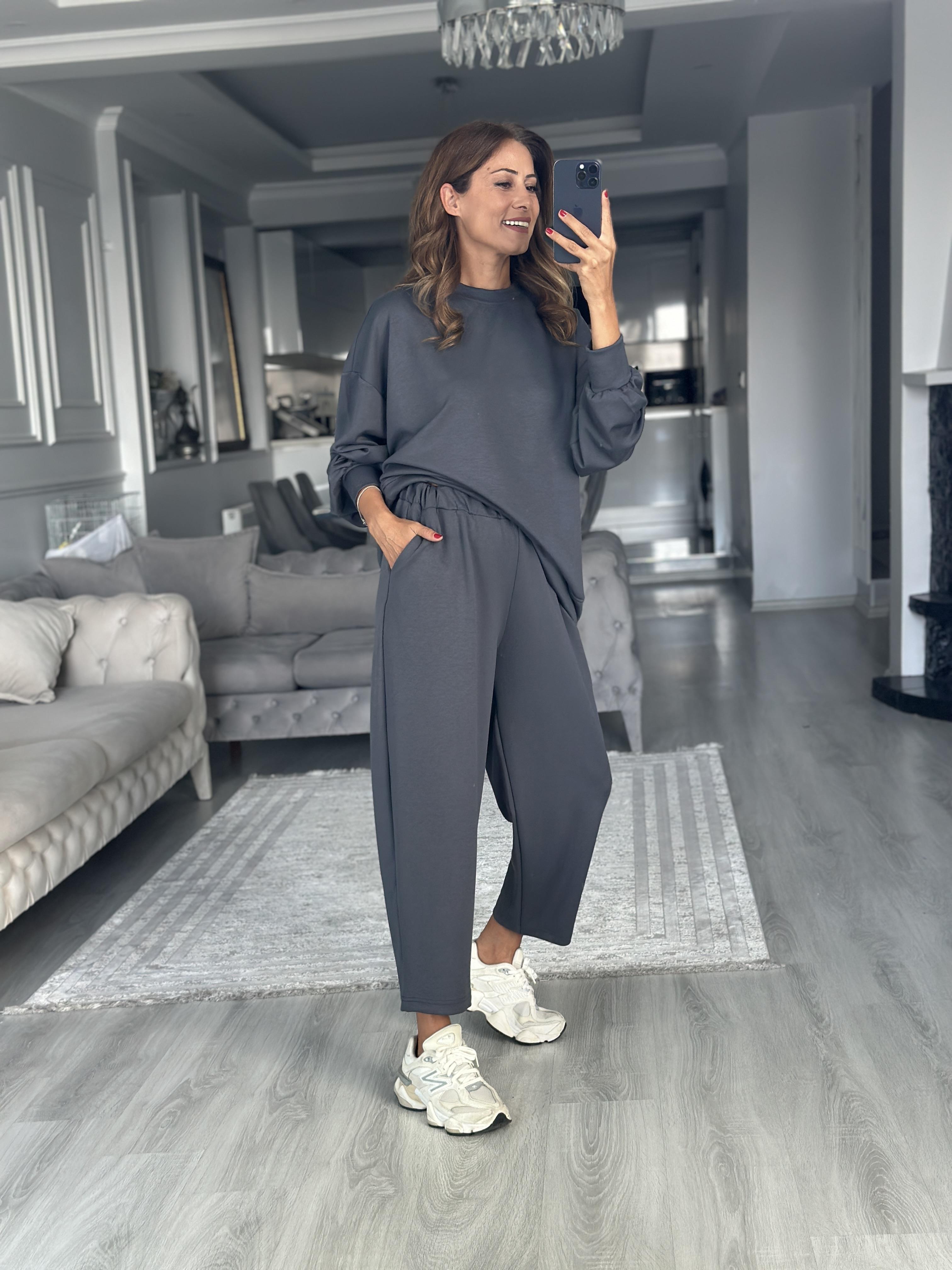Füme Oversize Bisiklet Yaka Sweatshirt Pantolon Kadın Alt Üst Takım