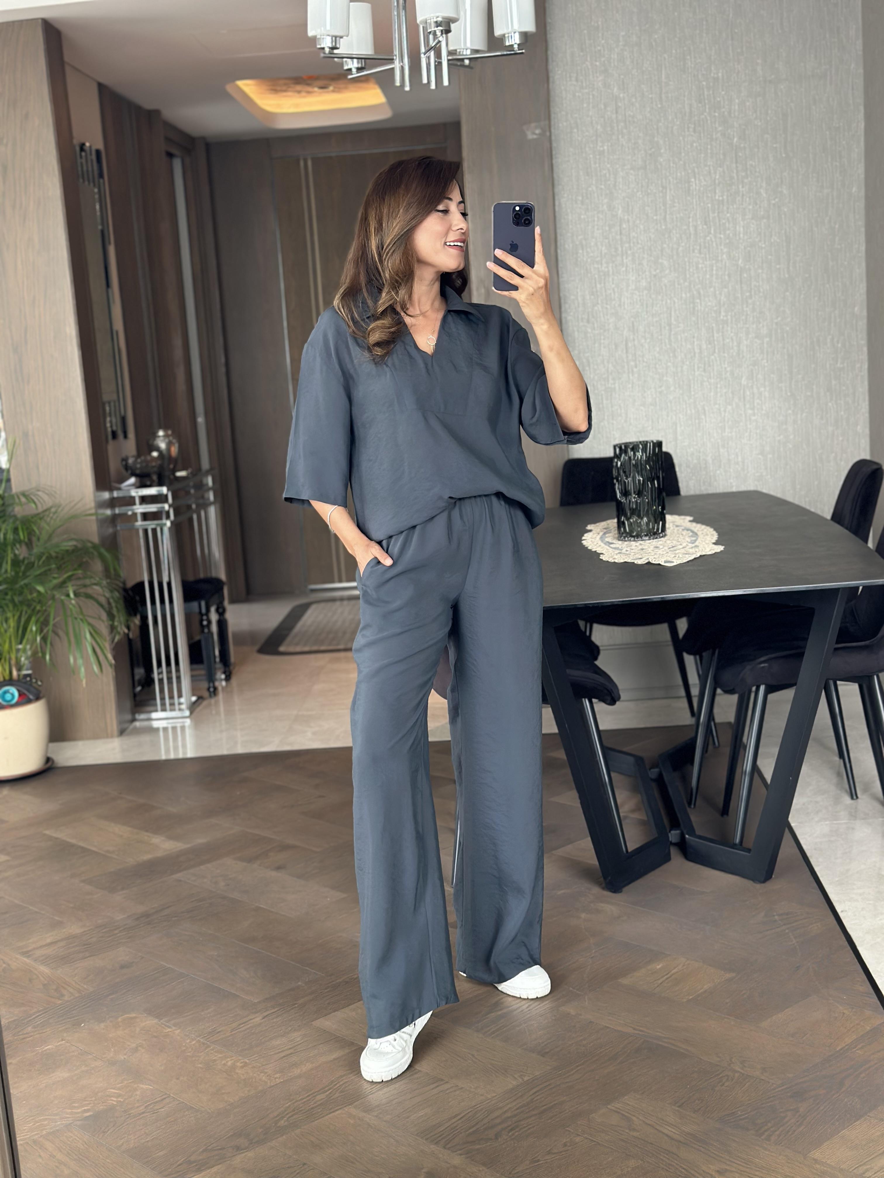 Füme Oversize Kısa Kol Gömlek Yaka Tnsel İkili Kadın İkili Takım