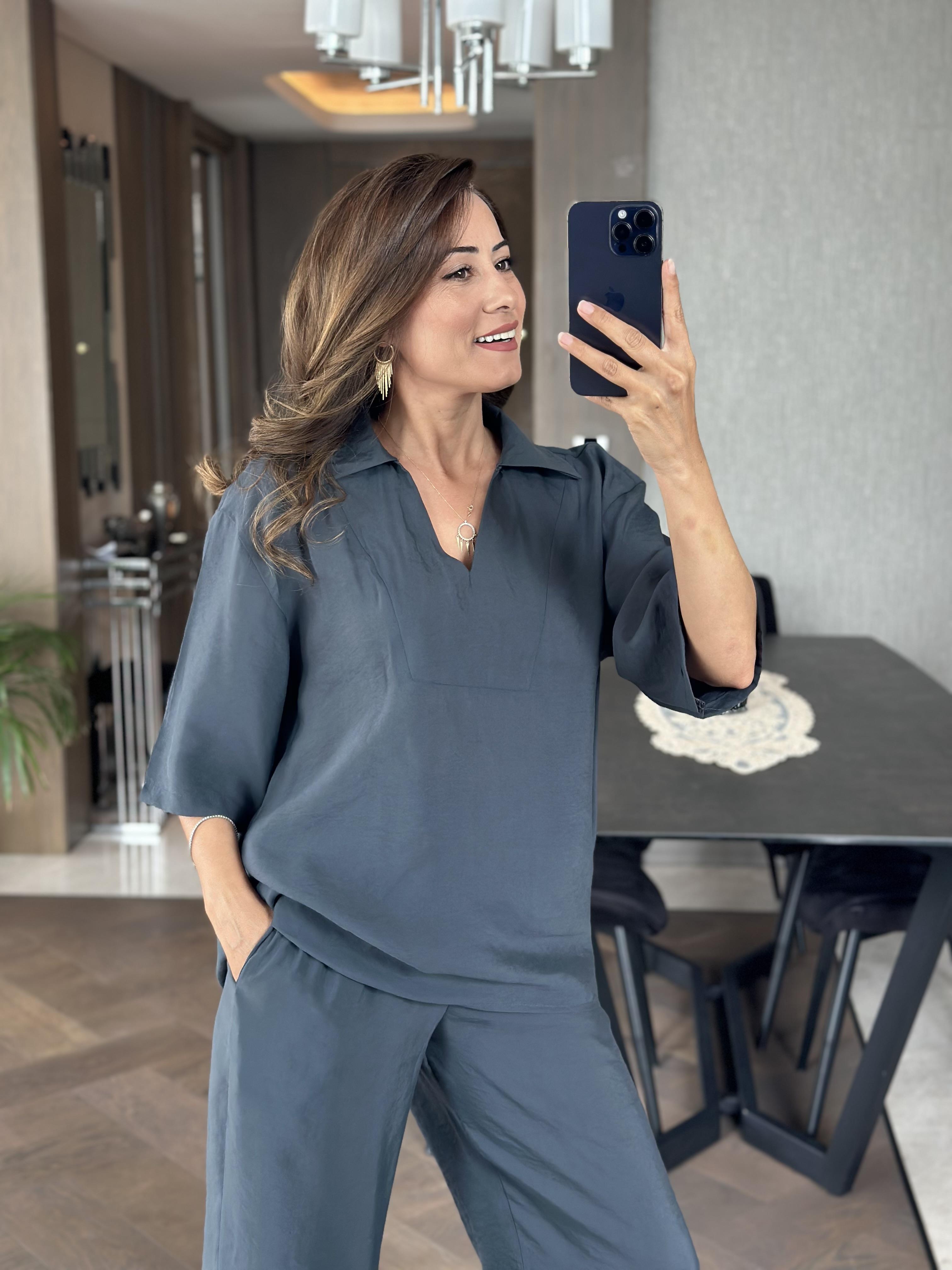 Füme Oversize Kısa Kol Gömlek Yaka Tnsel İkili Kadın İkili Takım