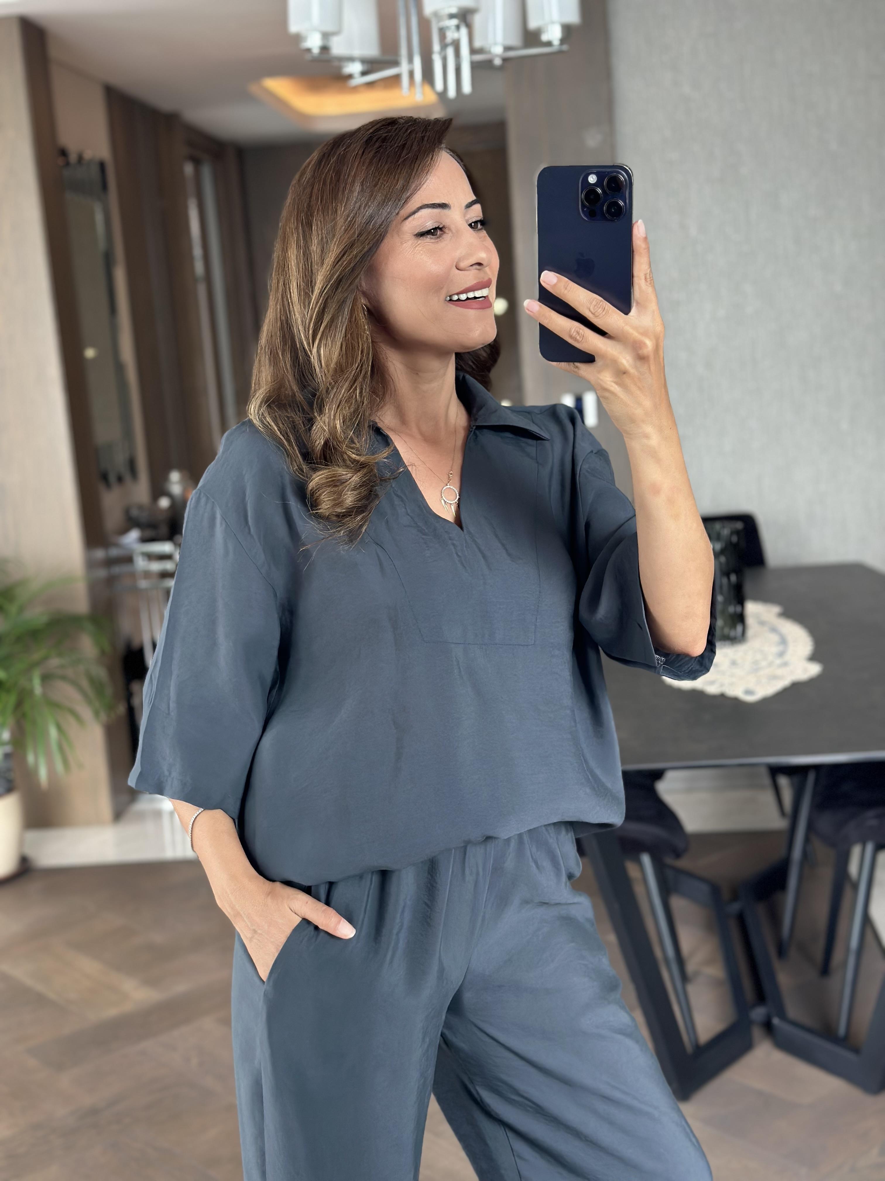 Füme Oversize Kısa Kol Gömlek Yaka Tnsel İkili Kadın İkili Takım