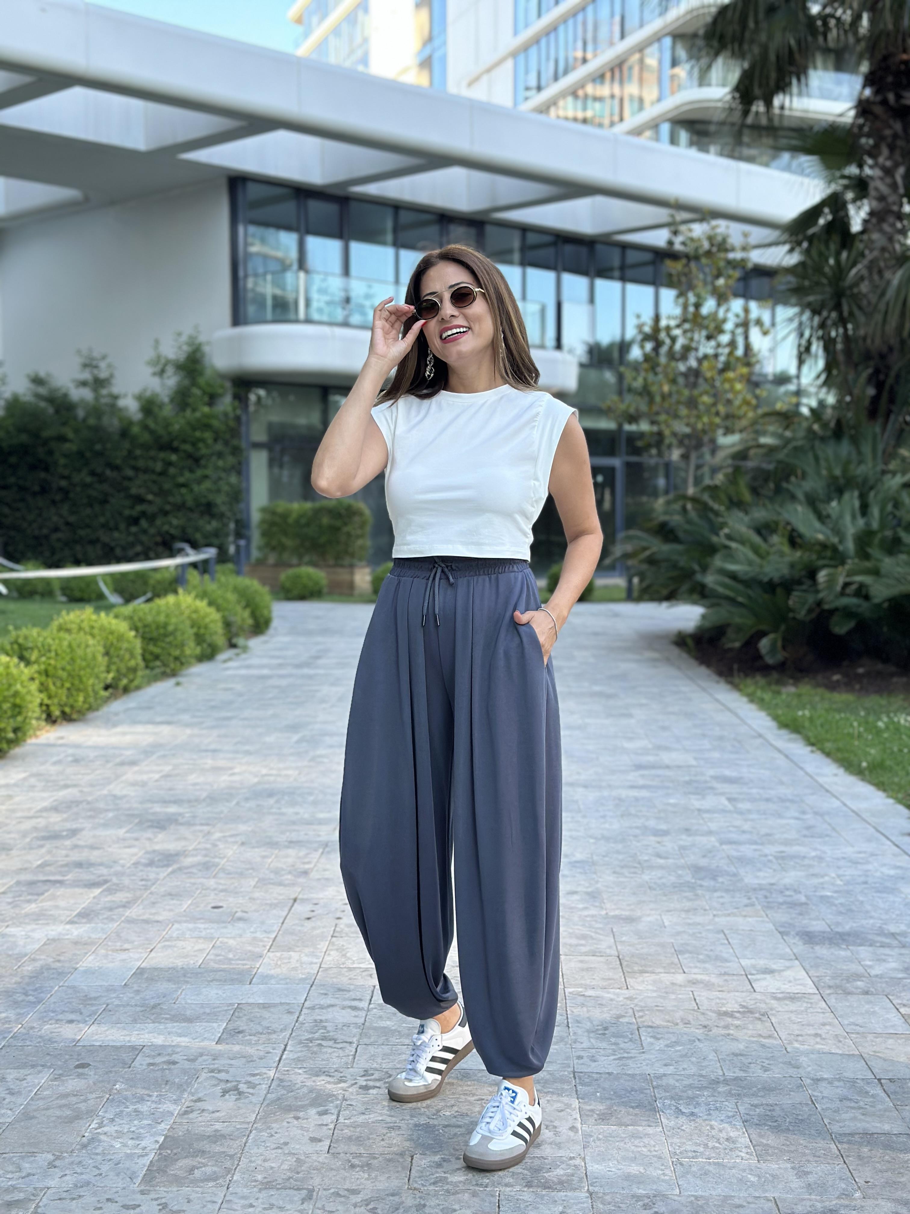Füme Pileli Bağcıklı Kadın Şalvar  Pantolon