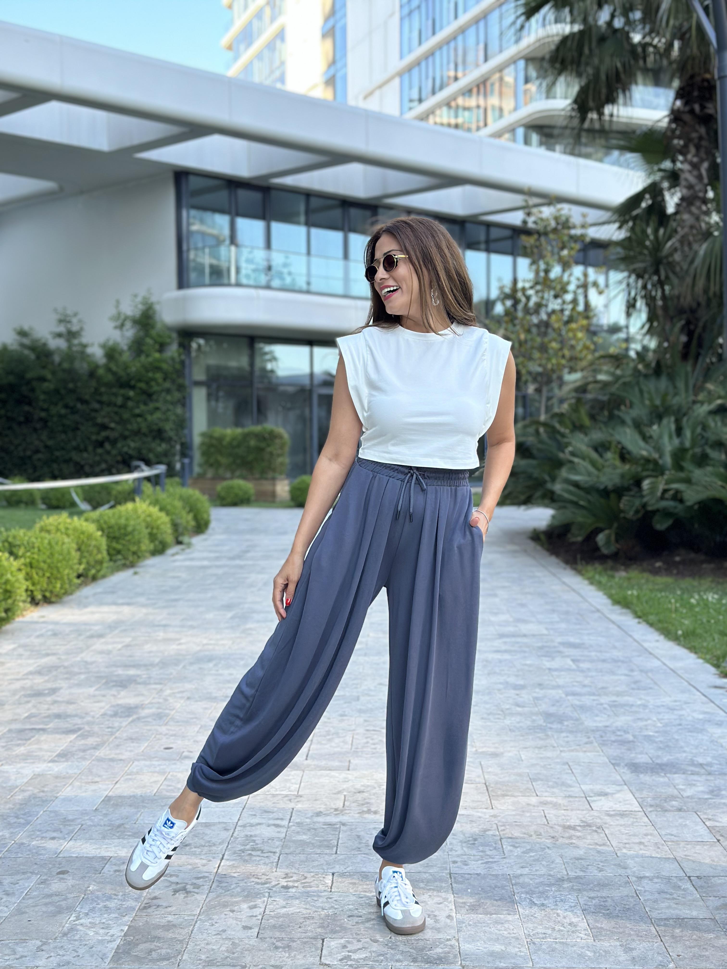 Füme Pileli Bağcıklı Kadın Şalvar  Pantolon