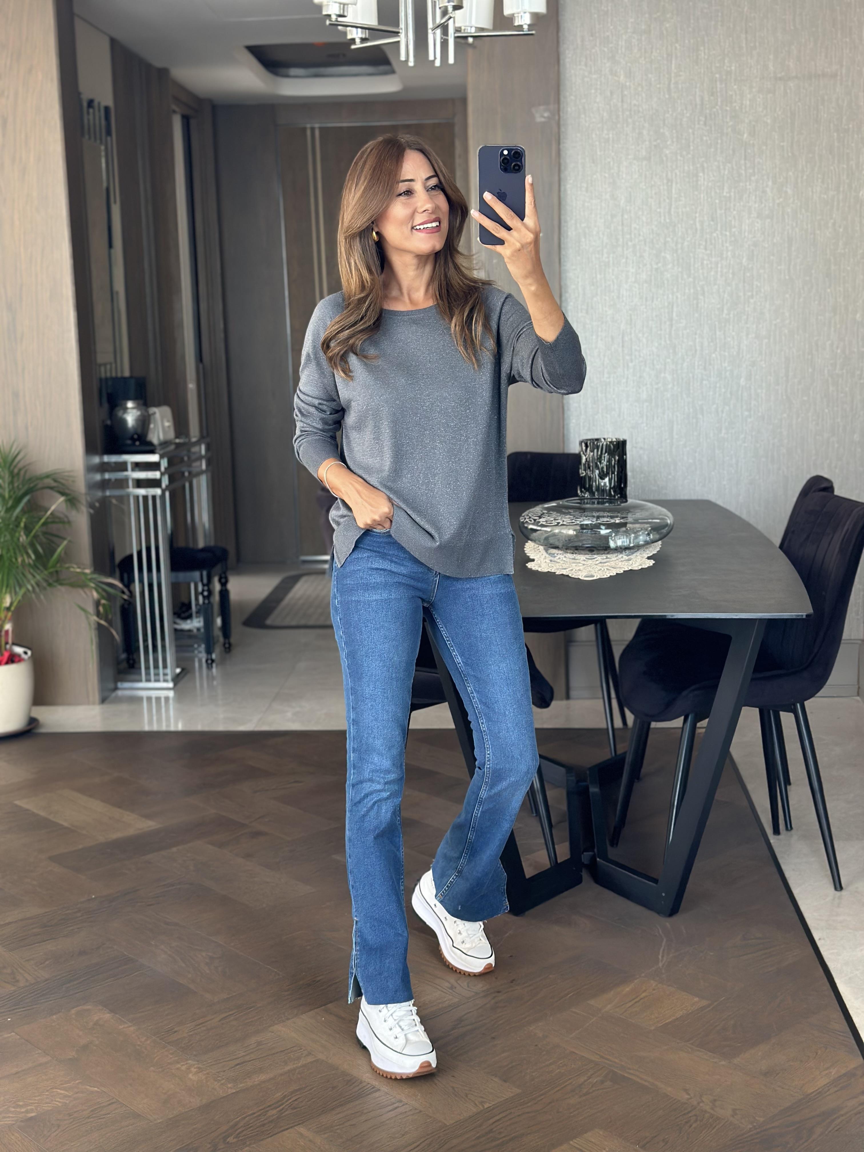 Füme Simli Bisiklet Yaka Uzun Kol Dilvn Merserize Kadın Bluz