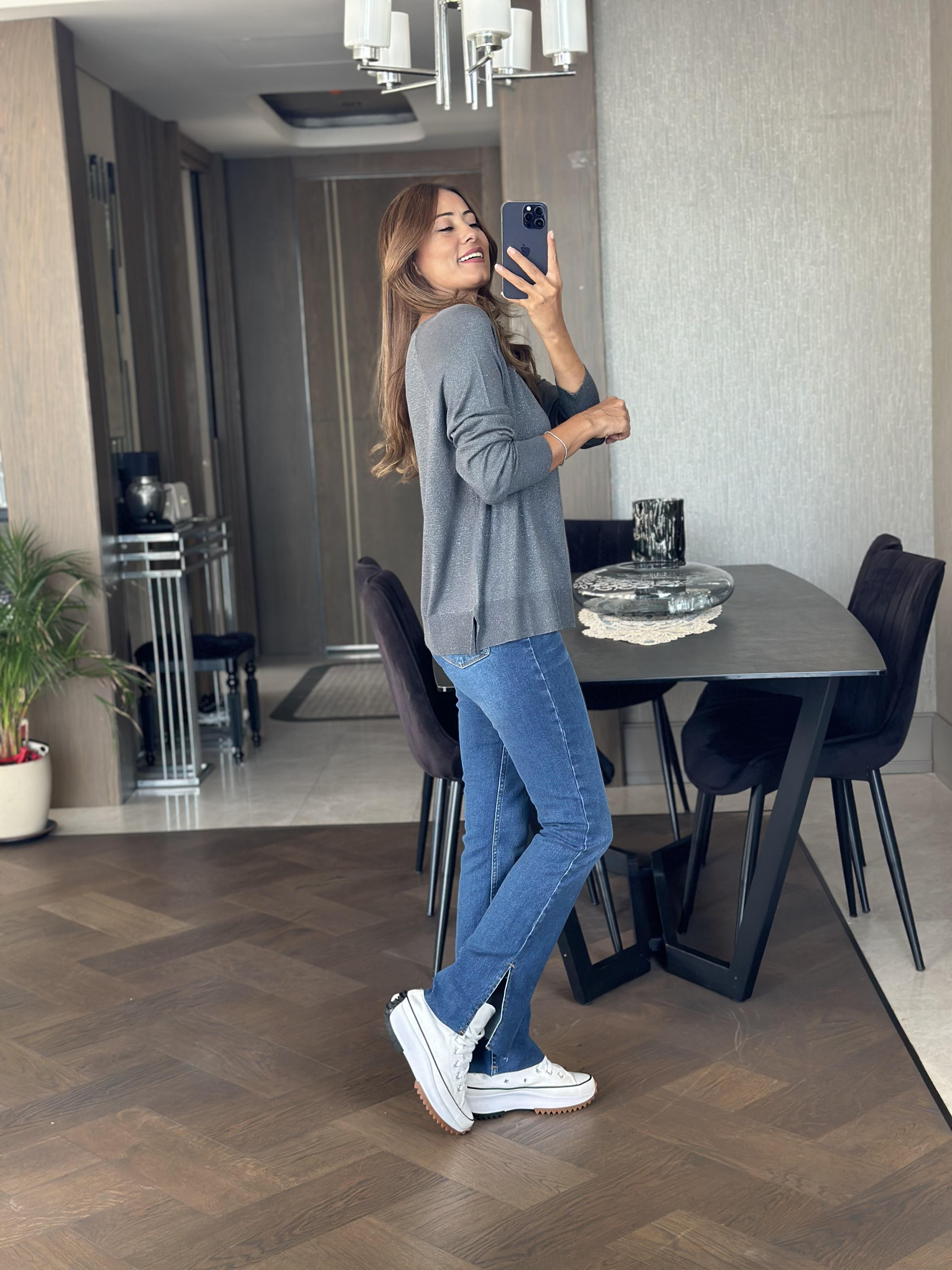 Füme Simli Bisiklet Yaka Uzun Kol Dilvn Merserize Kadın Bluz