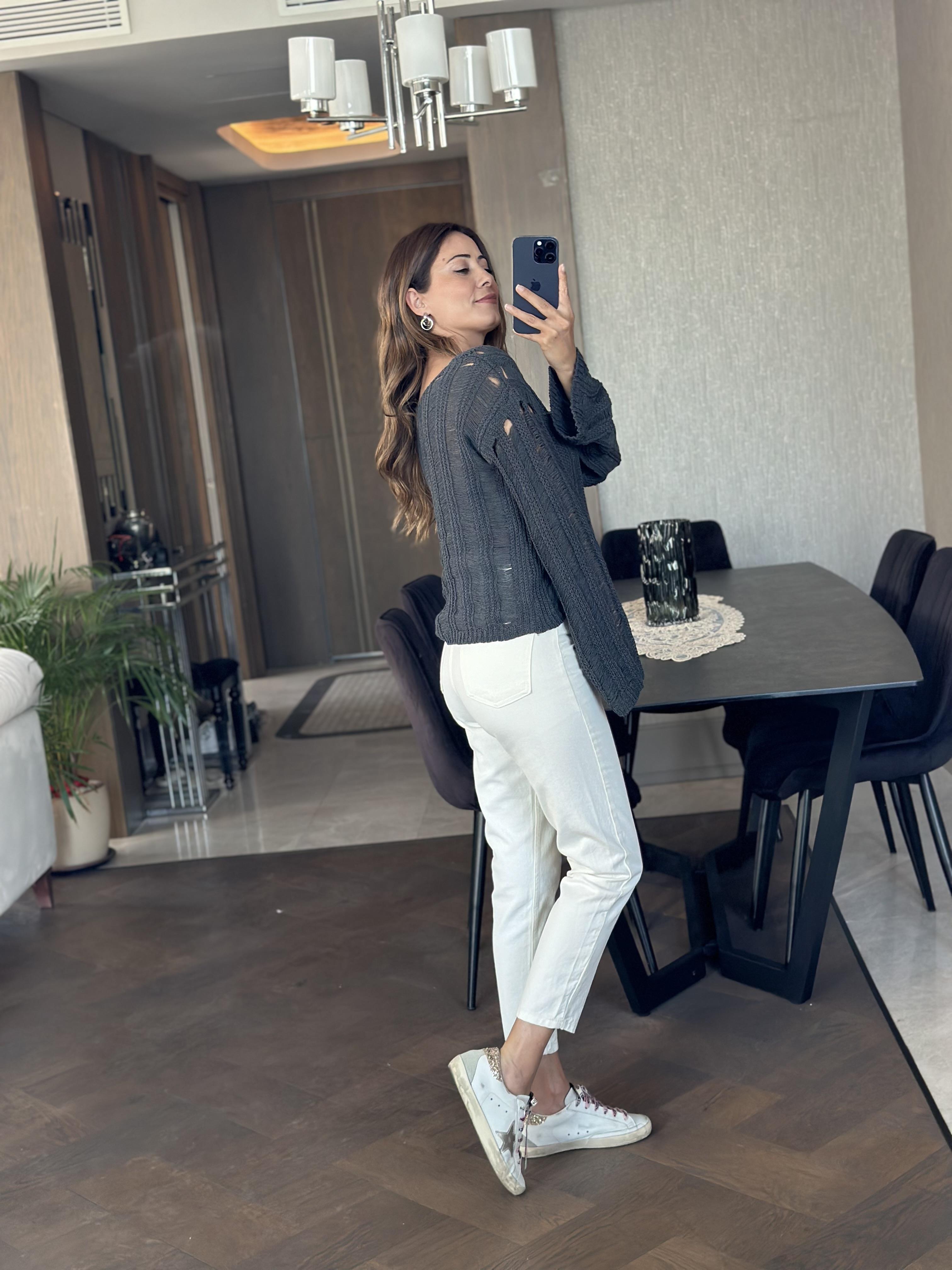 Füme V Yaka Dekolteli Geniş Kol Triko Kadın Kazak