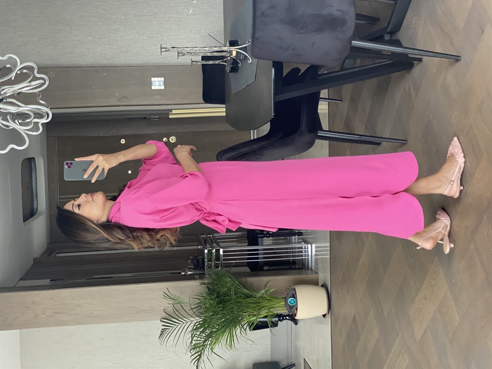 Fuşya Bel Pilili Kuşaklı Elbise