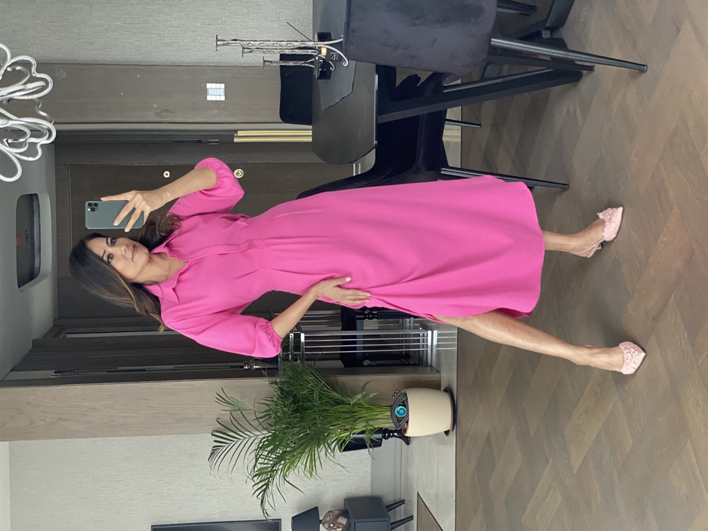 Fuşya Bel Pilili Kuşaklı Elbise