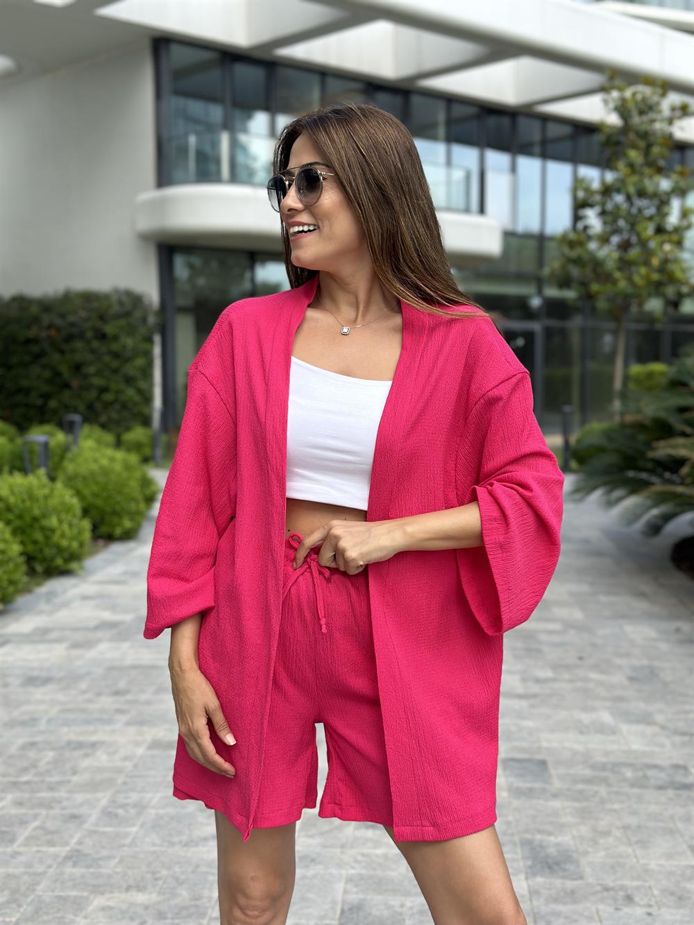 Fuşya Bürümcük Kimono Şortlu Kadın İkili Takım