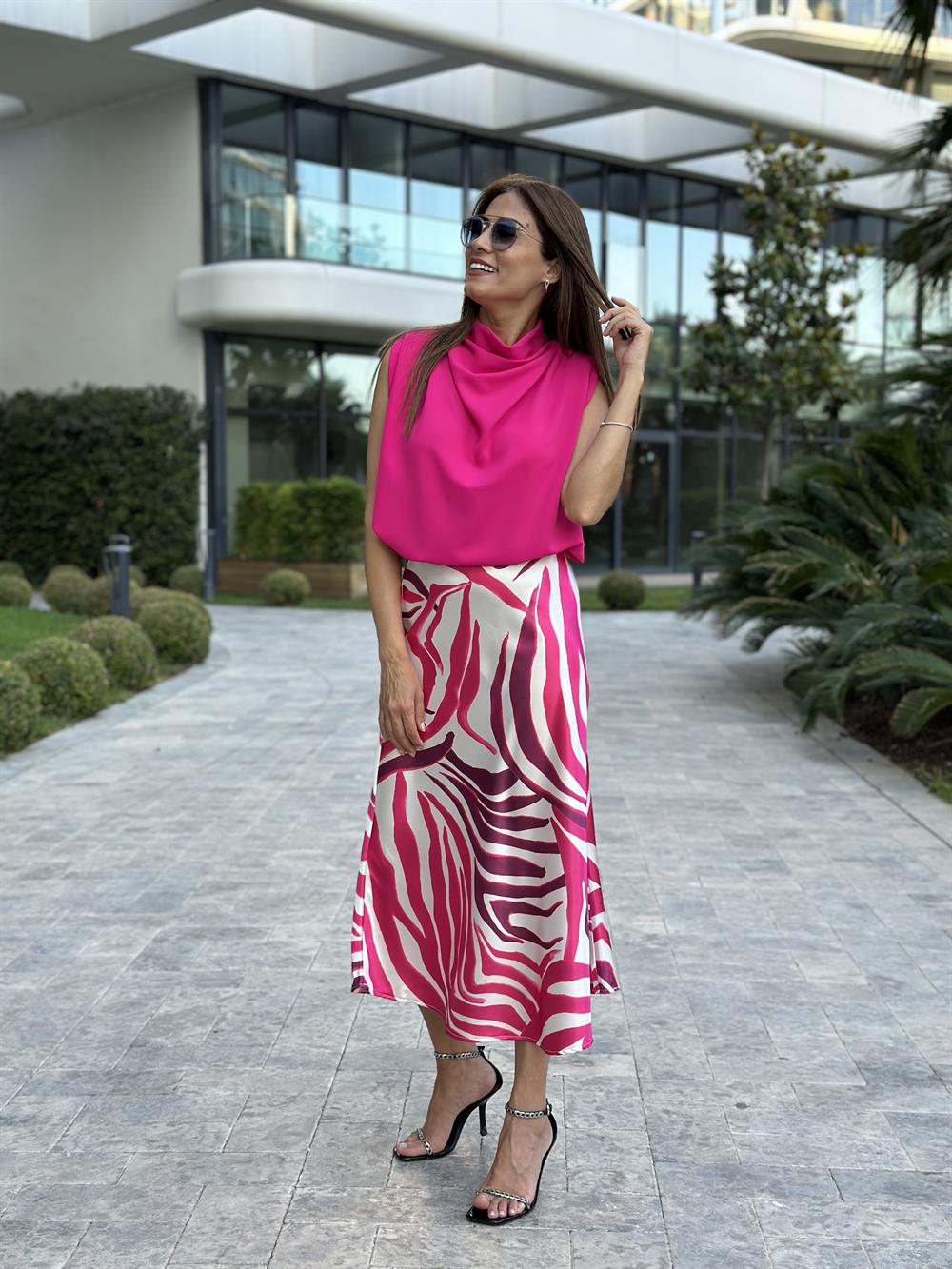 Fuşya Degaje Yaka Vatkalı Kadın Bluz