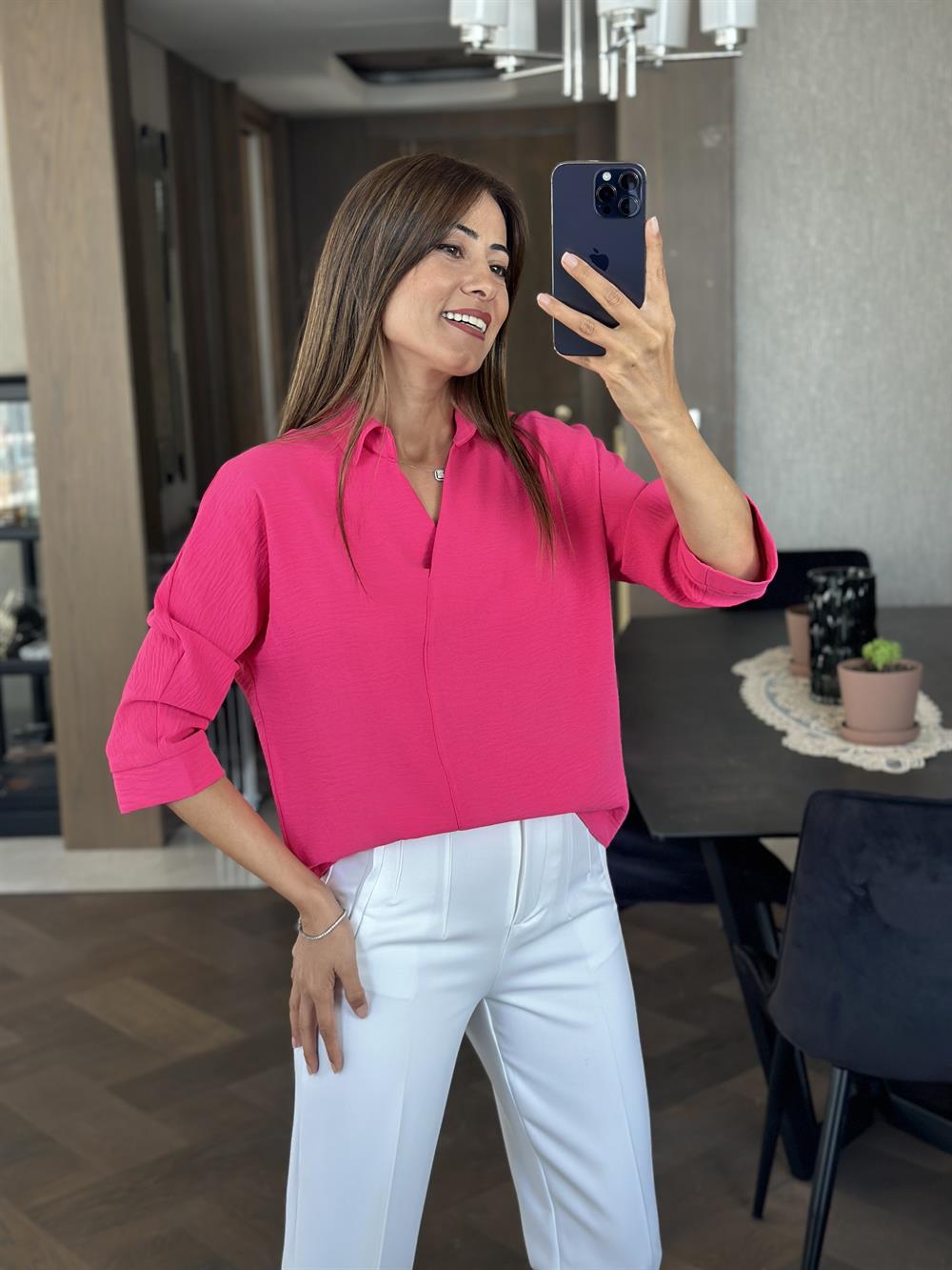 Fuşya Gömlek Yaka Yarasa Kol Aerobin Kadın Bluz