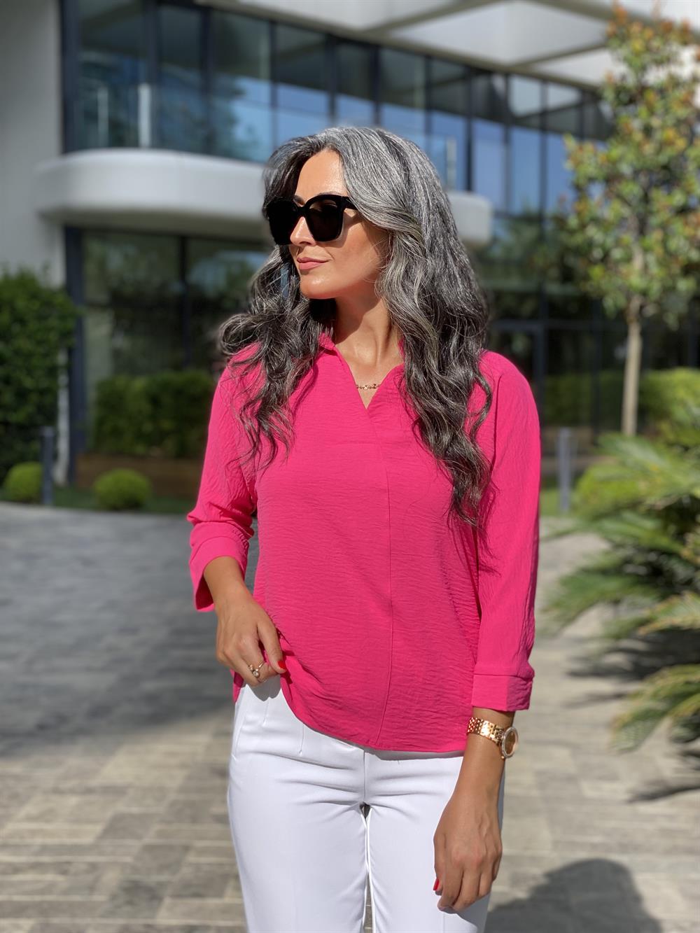 Fuşya Gömlek Yaka Yarasa Kol Aerobin Kadın Bluz