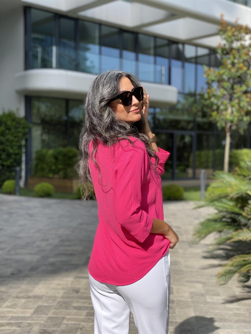 Fuşya Gömlek Yaka Yarasa Kol Aerobin Kadın Bluz