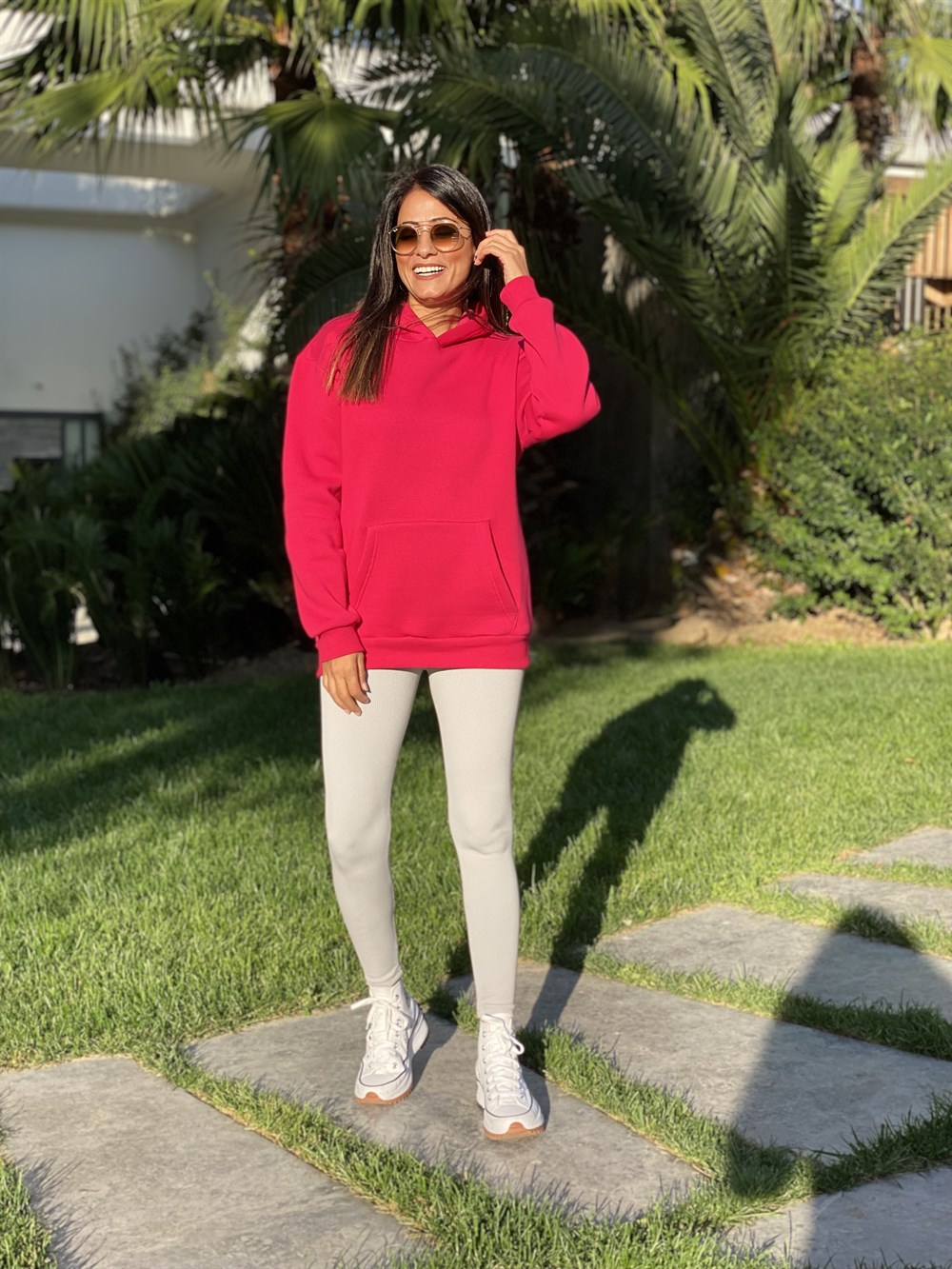 Fuşya Kapüşonlu Üç İplik Kanguru Cep Kadın Sweatshirt