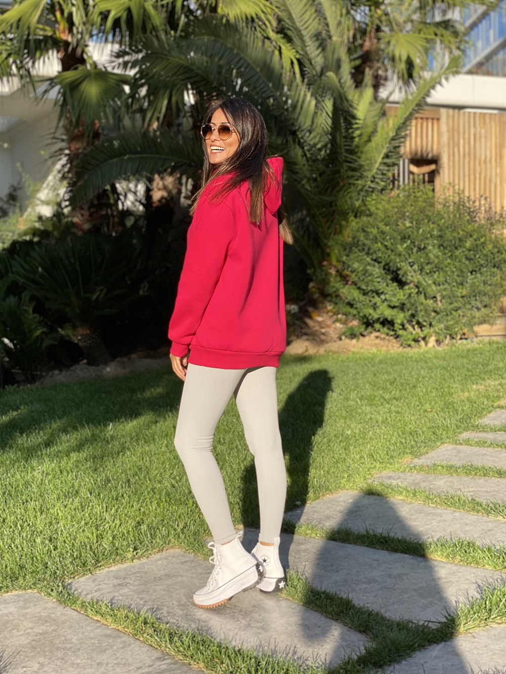 Fuşya Kapüşonlu Üç İplik Kanguru Cep Kadın Sweatshirt