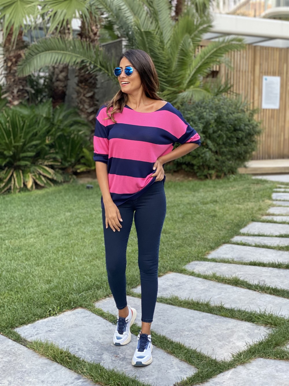 Fuşya Lacivert Kalın Çizgili Merserize Kadın Bluz