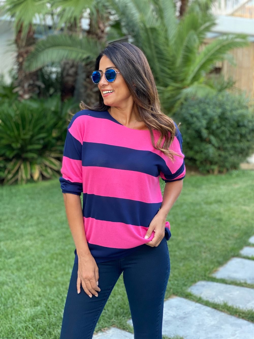 Fuşya Lacivert Kalın Çizgili Merserize Kadın Bluz
