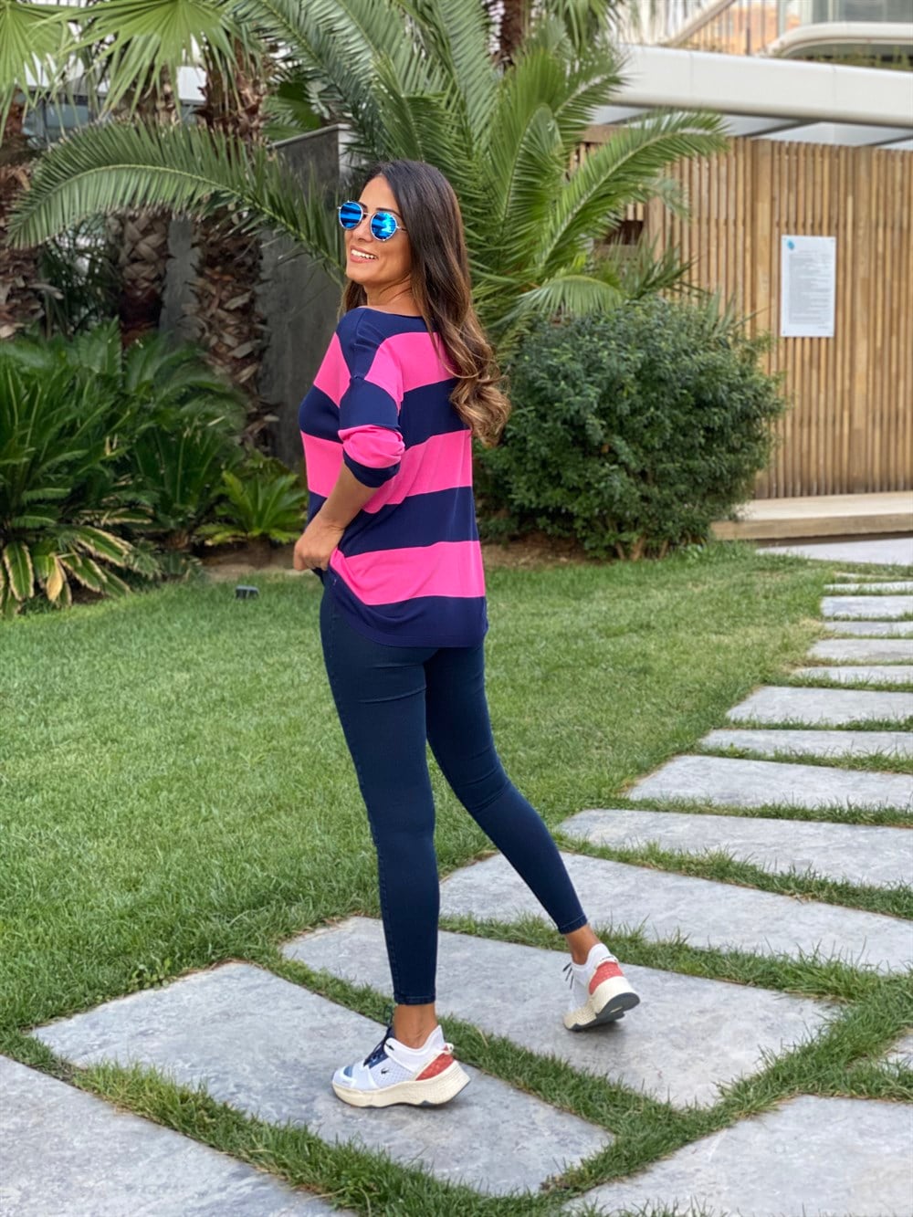 Fuşya Lacivert Kalın Çizgili Merserize Kadın Bluz