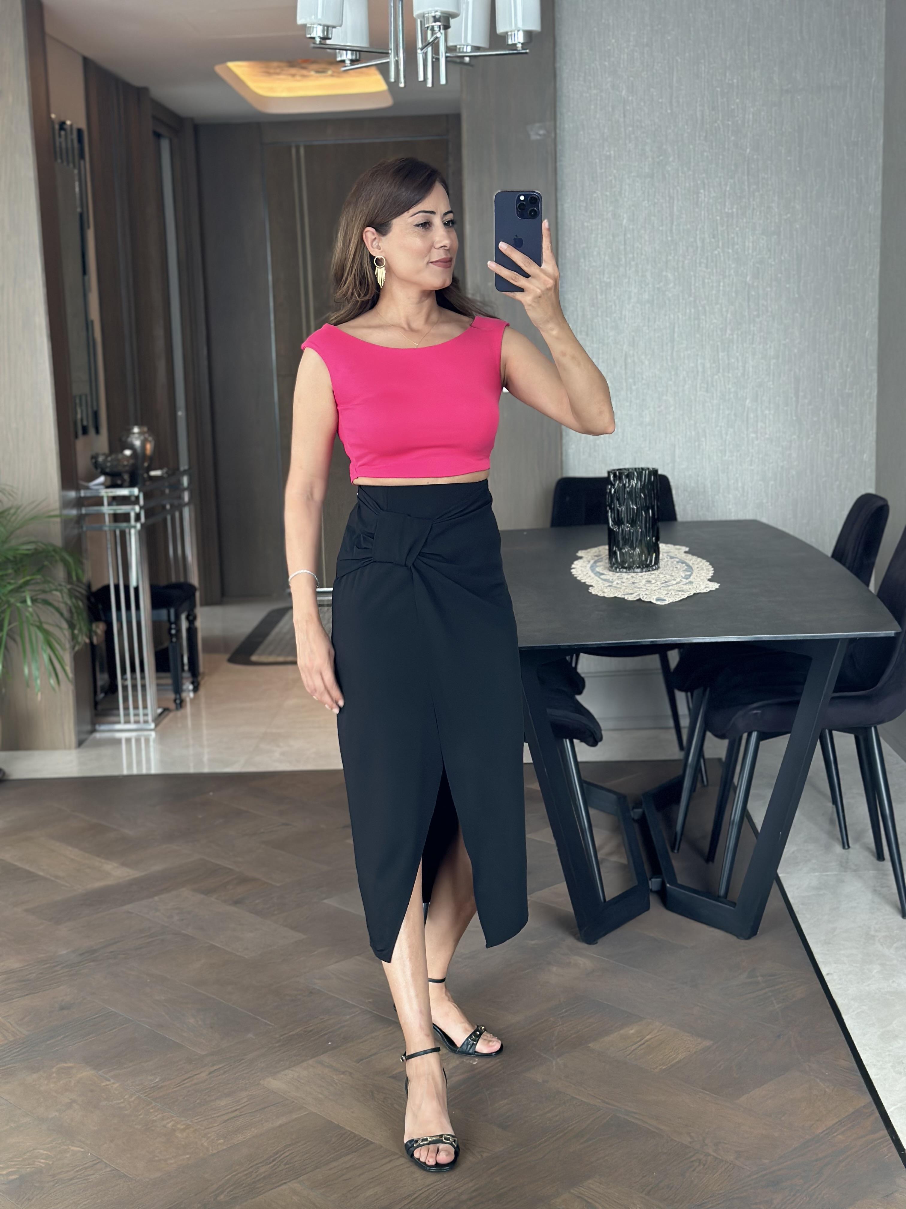 Fuşya Önü Çift Katlı Kayık Yaka Sıfır Kol Kadın Crop Body