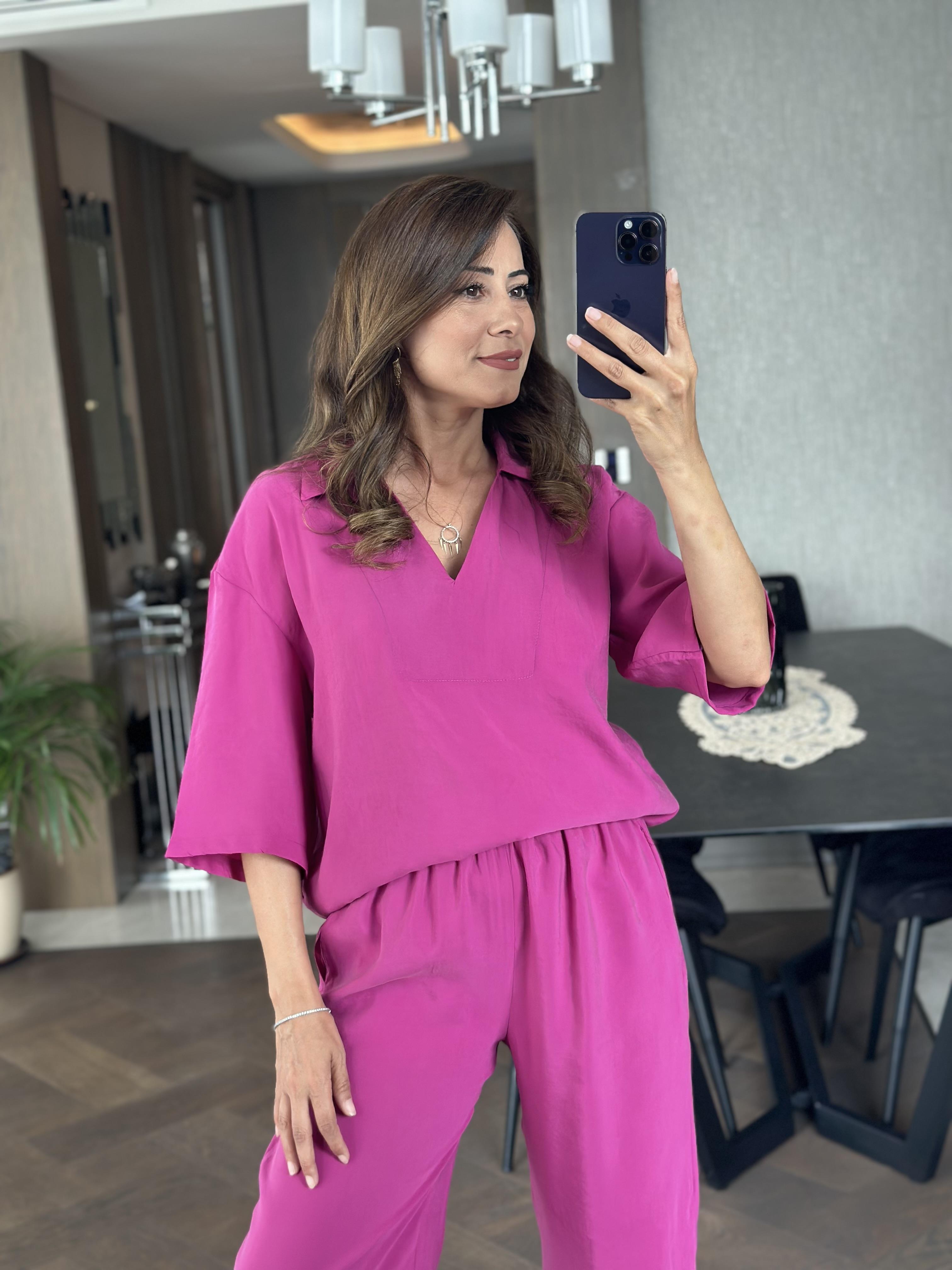 Fuşya Oversize Kısa Kol Gömlek Yaka Tnsel İkili Kadın İkili Takım