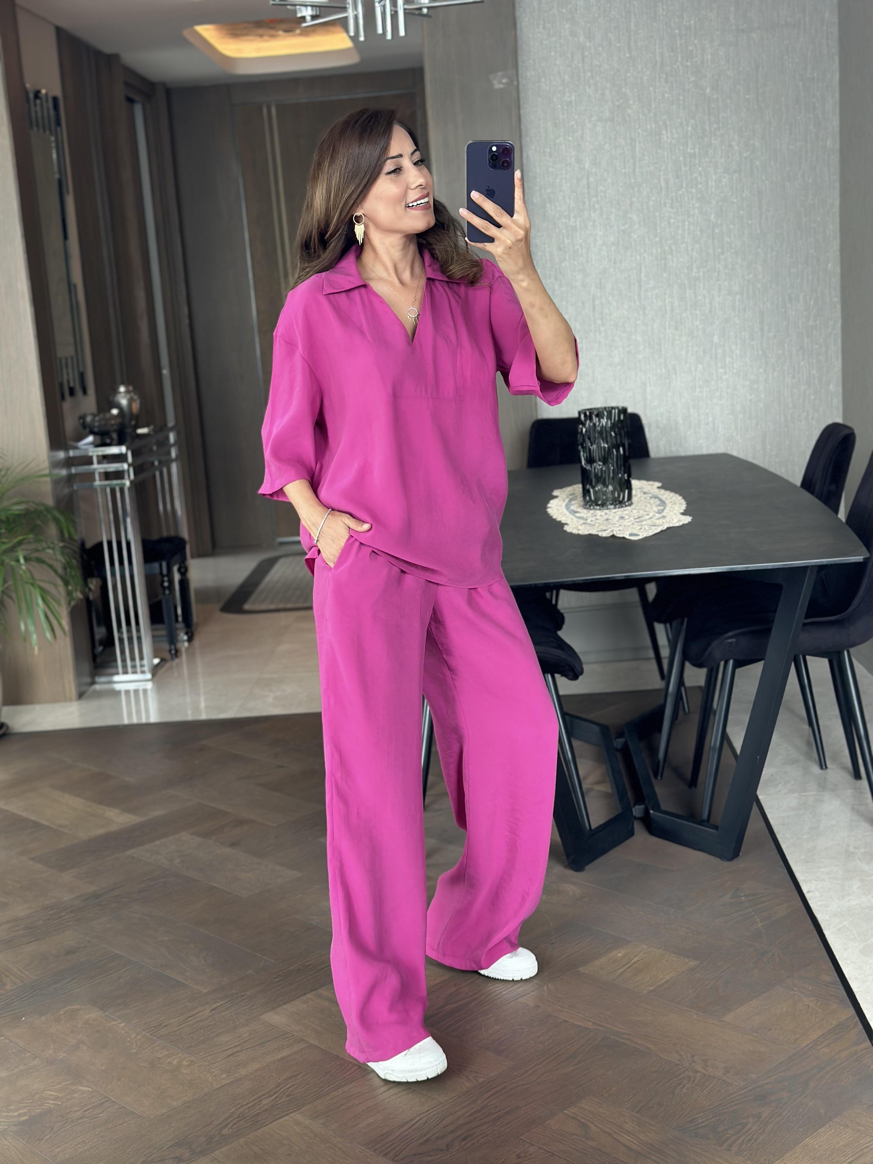 Fuşya Oversize Kısa Kol Gömlek Yaka Tnsel İkili Kadın İkili Takım