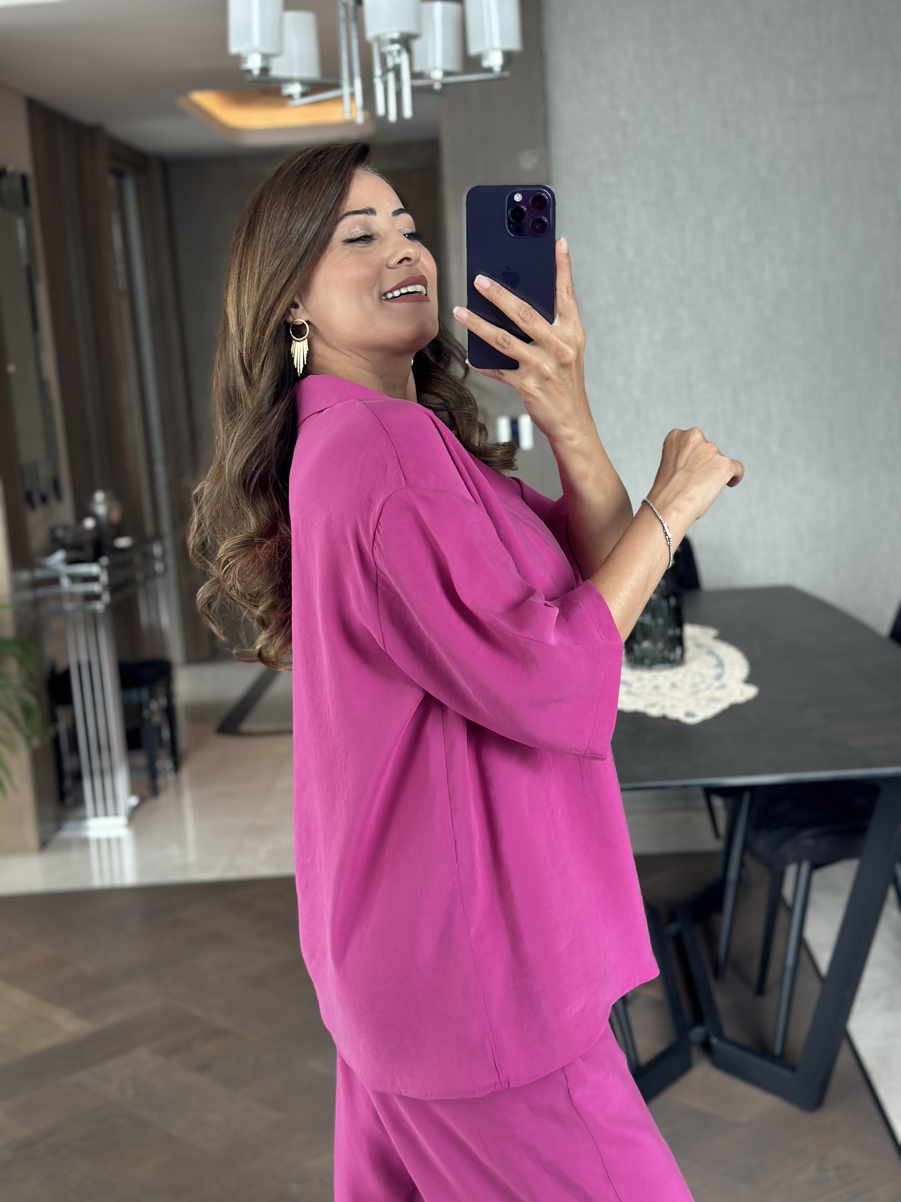 Fuşya Oversize Kısa Kol Gömlek Yaka Tnsel İkili Kadın İkili Takım