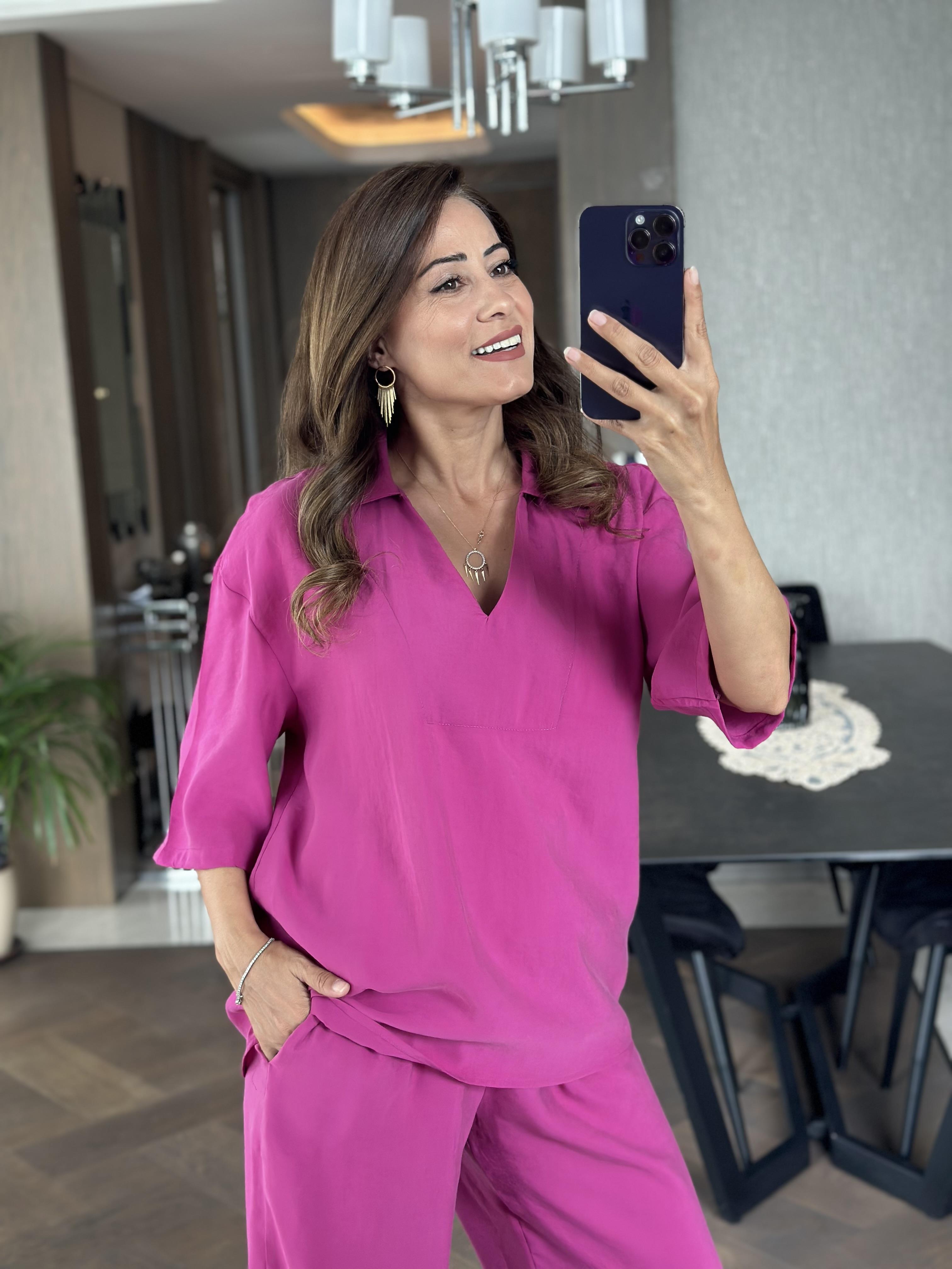 Fuşya Oversize Kısa Kol Gömlek Yaka Tnsel İkili Kadın İkili Takım