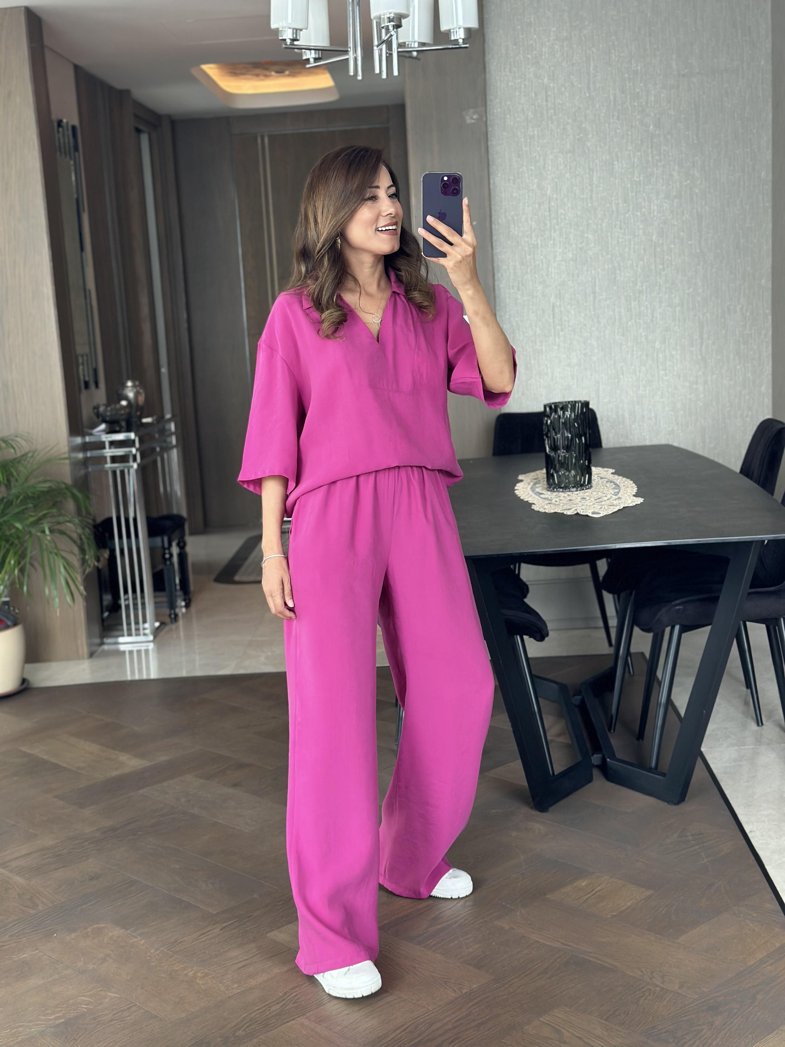 Fuşya Oversize Kısa Kol Gömlek Yaka Tnsel İkili Kadın İkili Takım