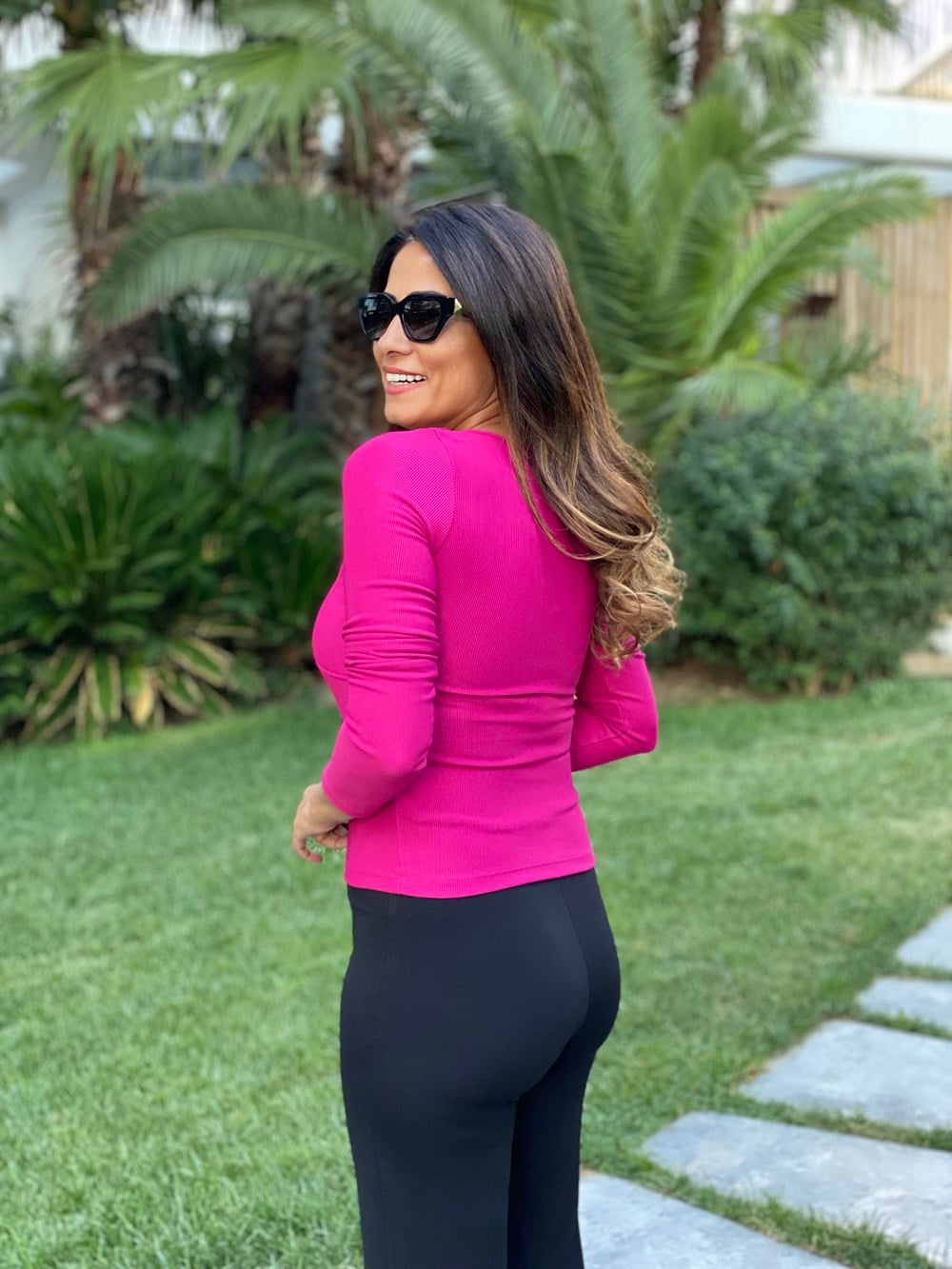 Fuşya U Yaka  Parçalı Uzun Kol Kadın Body