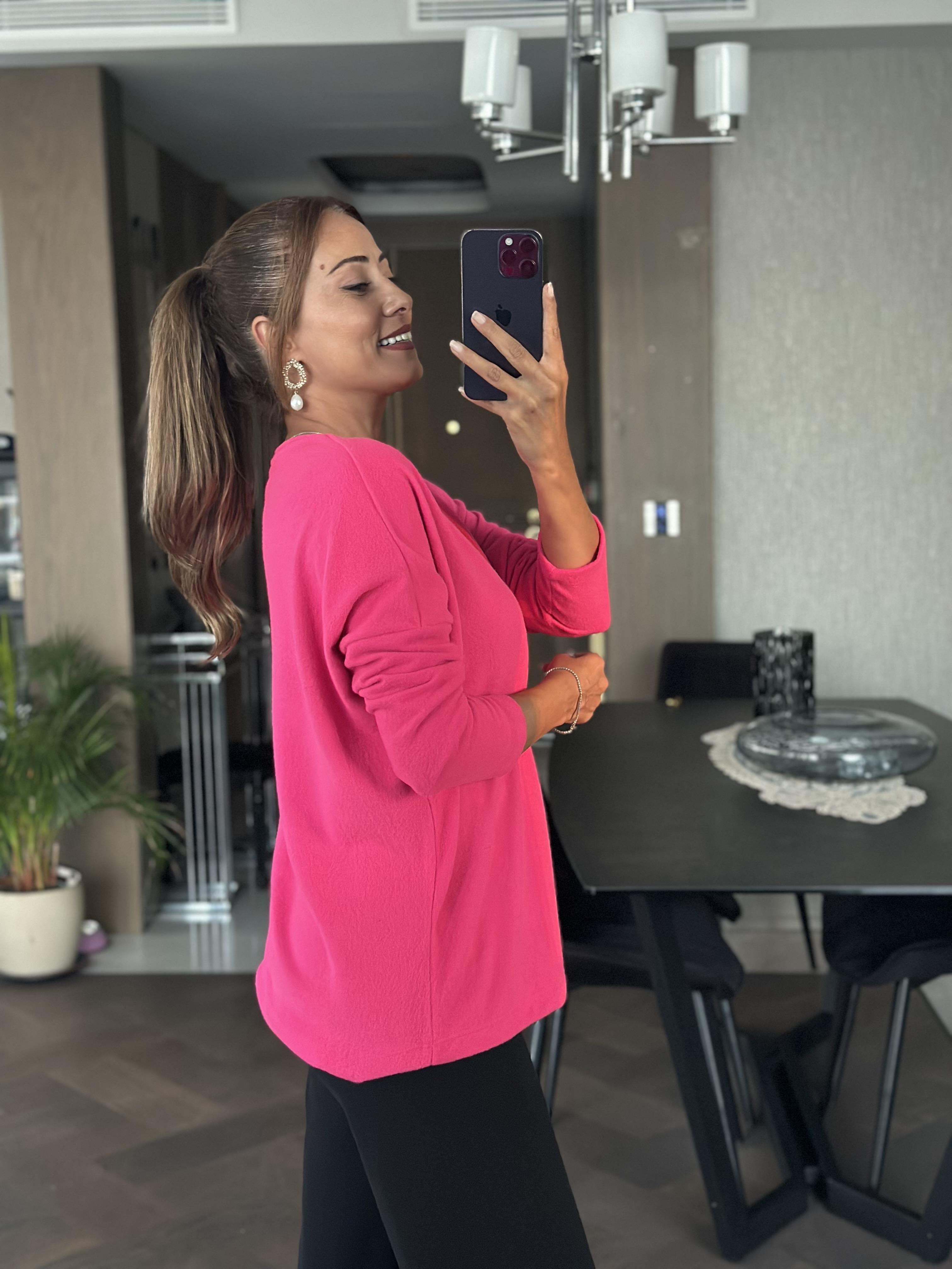 Fuşya V Yaka Uzun Kol Yumoş Kadın Bluz