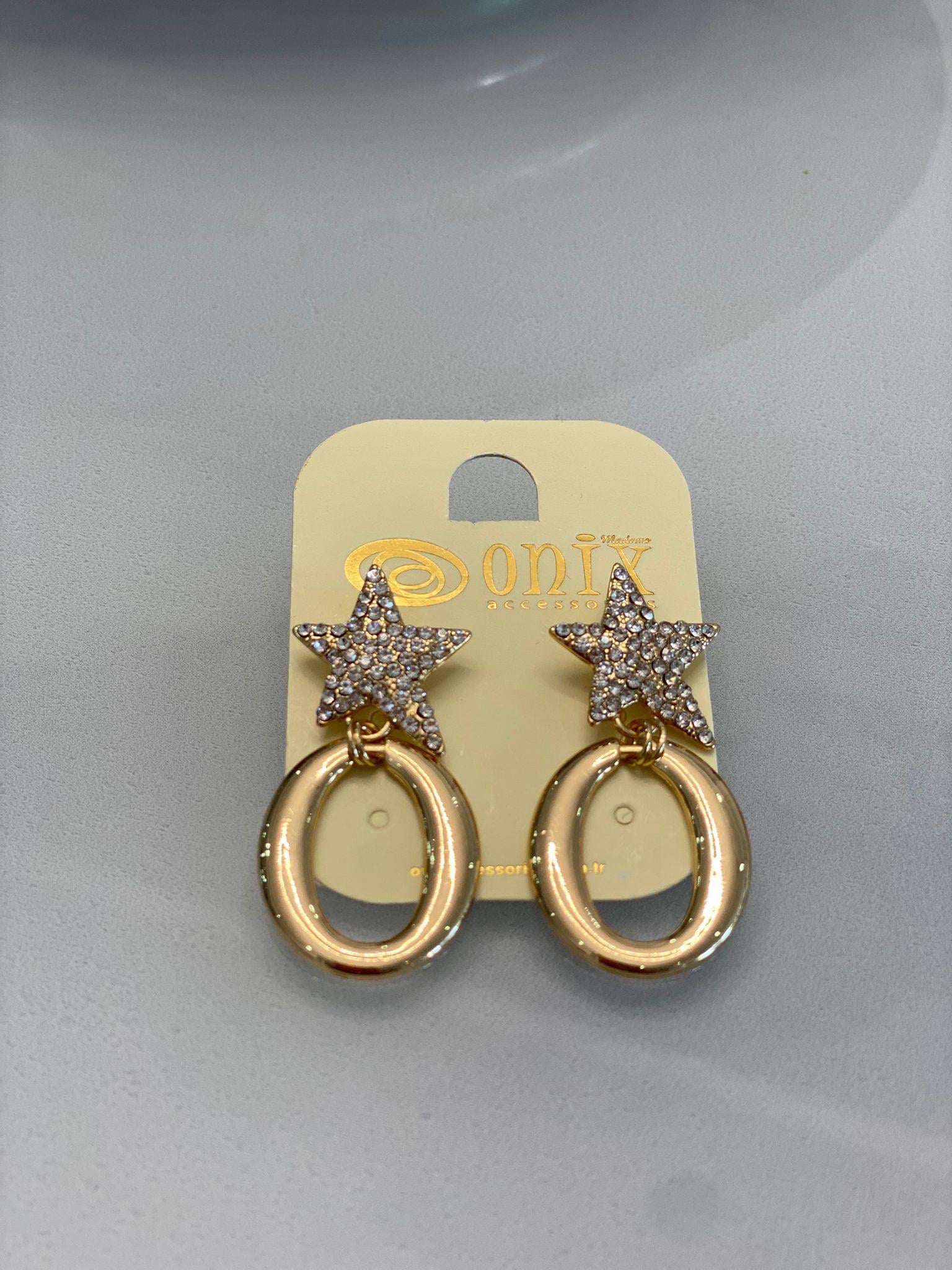Gold İthal Yıldız Taş Detaylı Halka Kadın Küpe