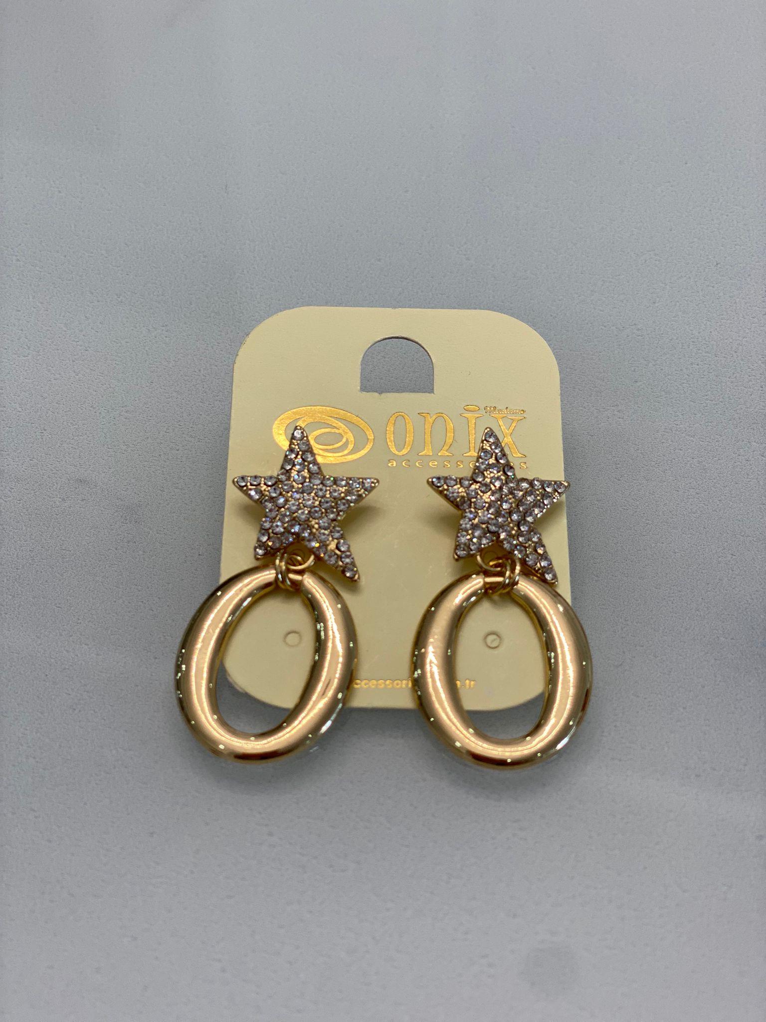 Gold İthal Yıldız Taş Detaylı Halka Kadın Küpe